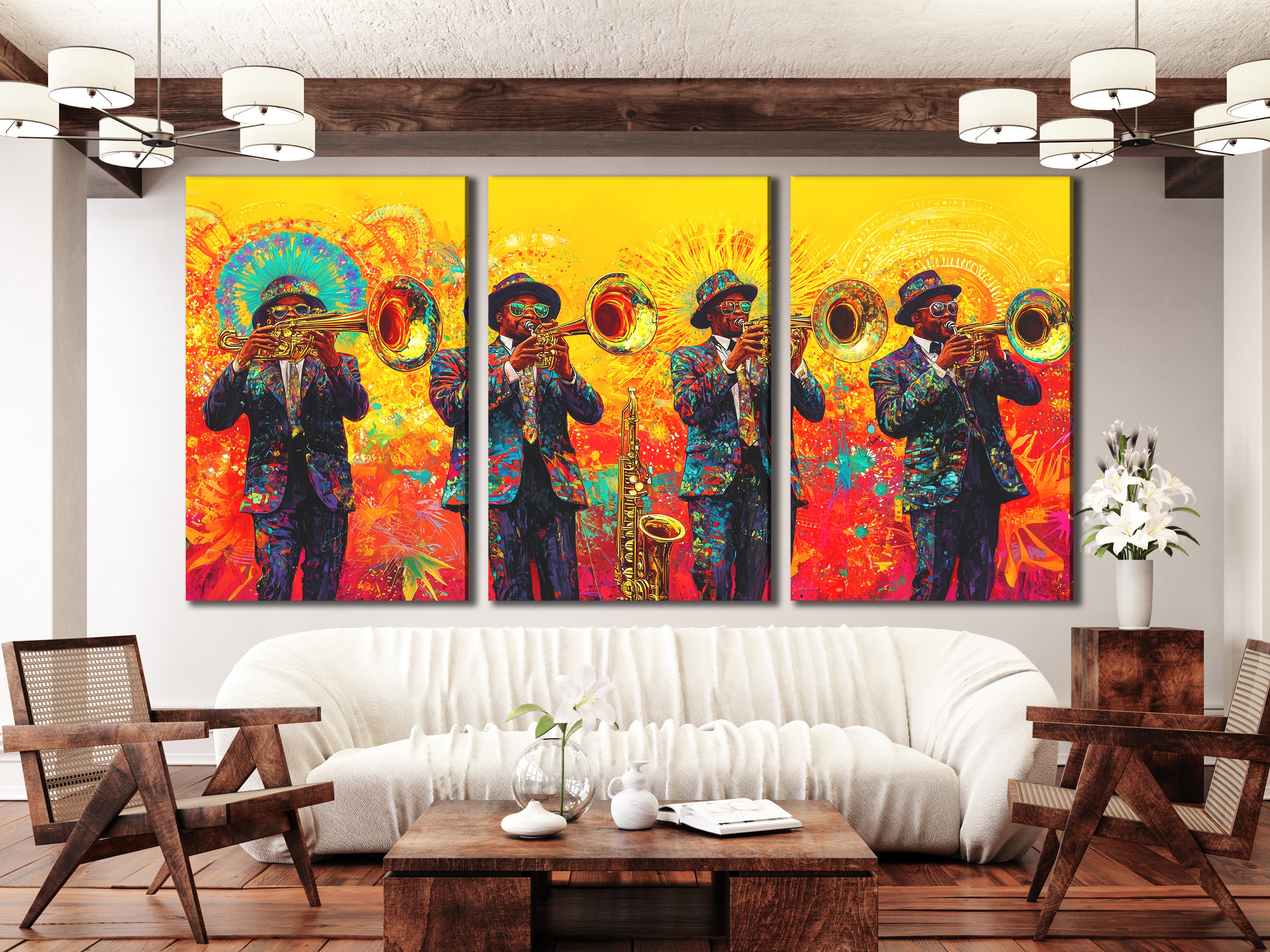 Canvasprint van Brass Band Mardi Gras – Levendige New Orleans Jazz-decoratie, kleurrijke hoornspelers