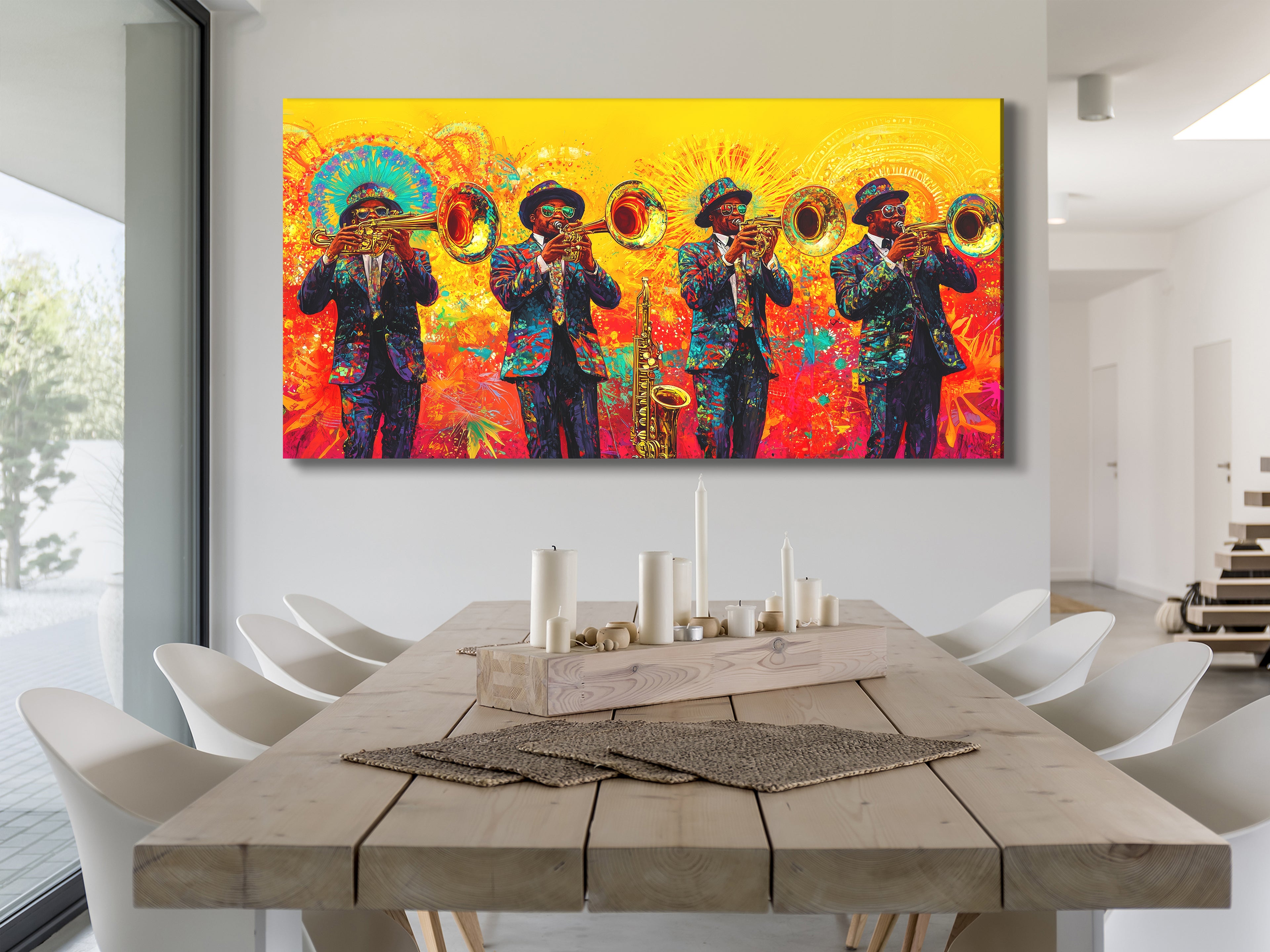 Canvasprint van Brass Band Mardi Gras – Levendige New Orleans Jazz-decoratie, kleurrijke hoornspelers