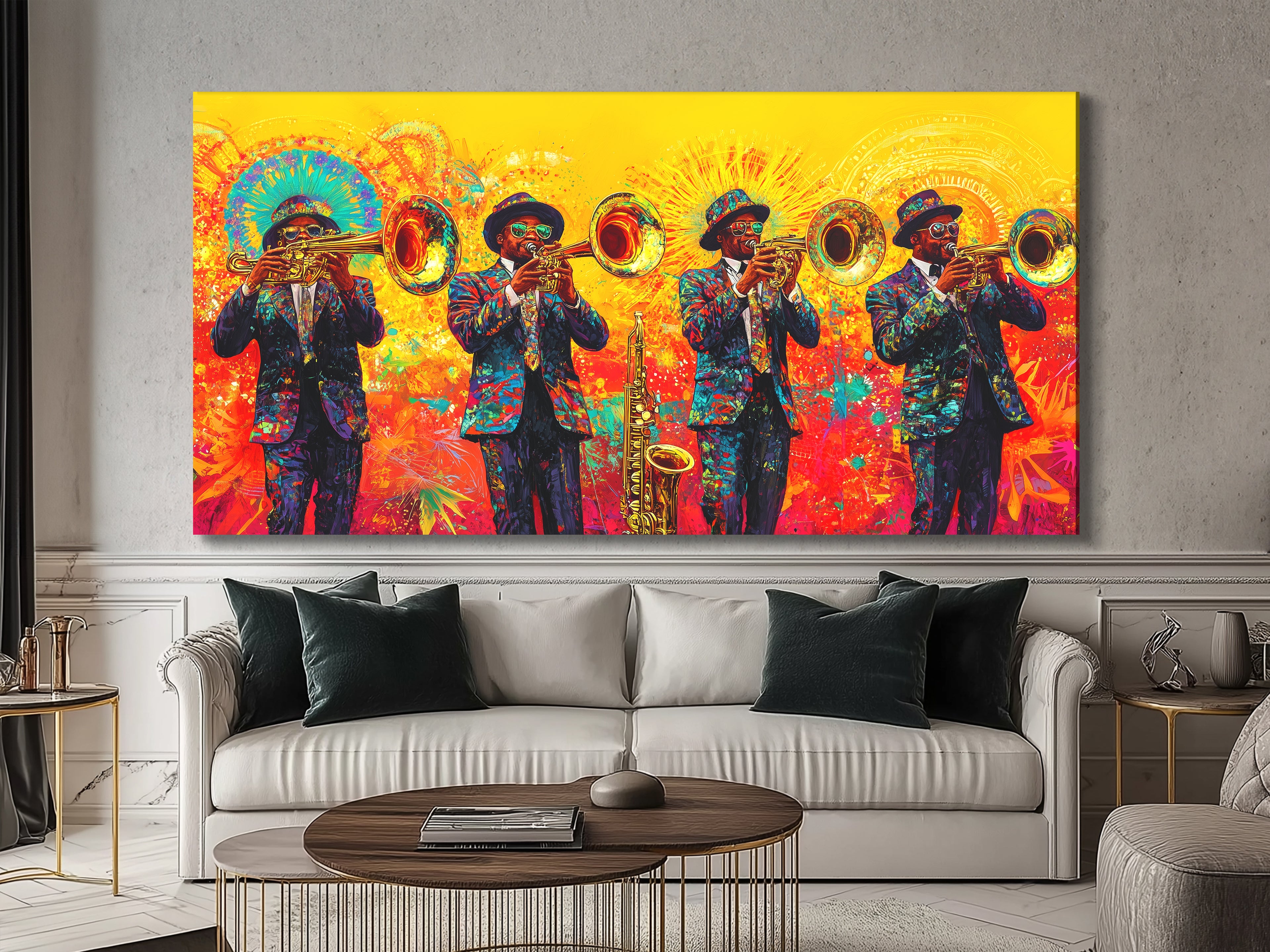 Canvasprint van Brass Band Mardi Gras – Levendige New Orleans Jazz-decoratie, kleurrijke hoornspelers