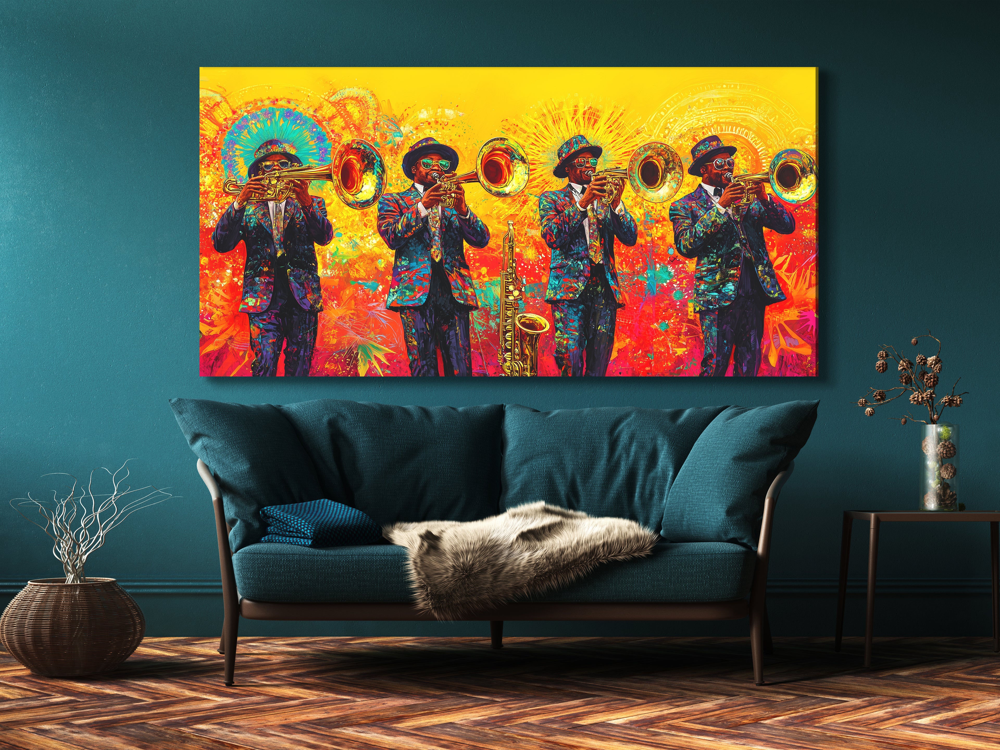 Canvasprint van Brass Band Mardi Gras – Levendige New Orleans Jazz-decoratie, kleurrijke hoornspelers