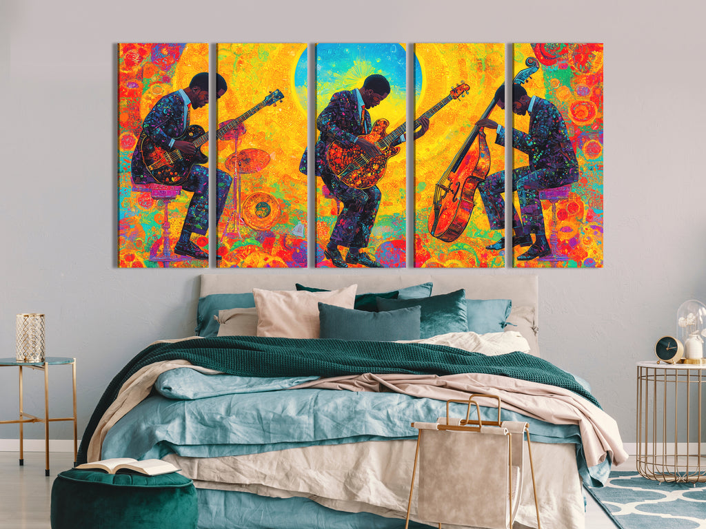 Canvasprint van drie jazzgitaar en bas – Kleurrijke jamsessie bij zonsopgang, levendige fusionmuziekdecoratie
