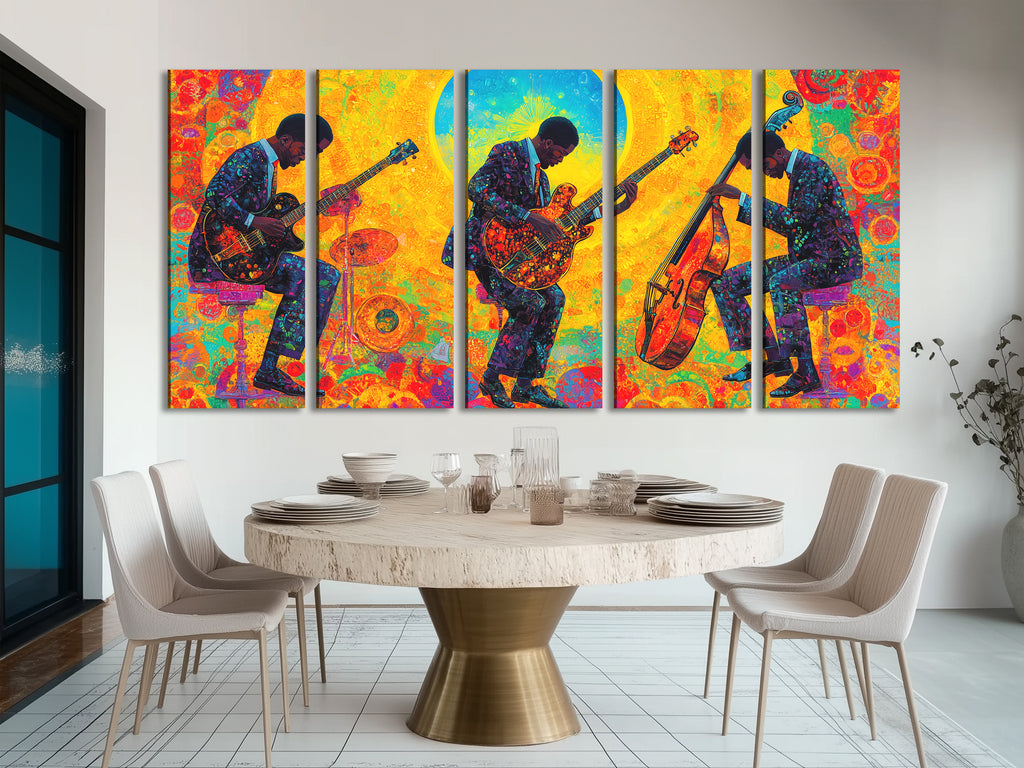 Canvasprint van drie jazzgitaar en bas – Kleurrijke jamsessie bij zonsopgang, levendige fusionmuziekdecoratie
