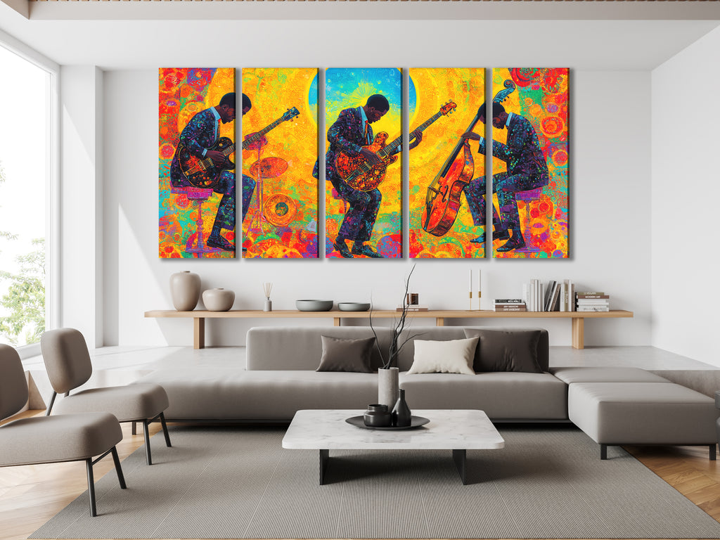 Canvasprint van drie jazzgitaar en bas – Kleurrijke jamsessie bij zonsopgang, levendige fusionmuziekdecoratie