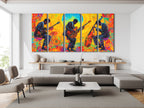 Canvasprint van drie jazzgitaar en bas – Kleurrijke jamsessie bij zonsopgang, levendige fusionmuziekdecoratie