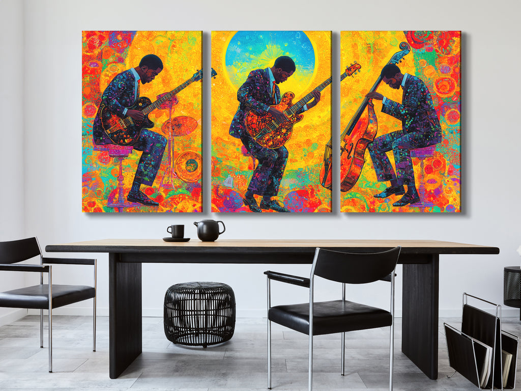 Canvasprint van drie jazzgitaar en bas – Kleurrijke jamsessie bij zonsopgang, levendige fusionmuziekdecoratie