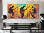 Canvasprint van drie jazzgitaar en bas – Kleurrijke jamsessie bij zonsopgang, levendige fusionmuziekdecoratie