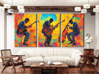 Canvasprint van drie jazzgitaar en bas – Kleurrijke jamsessie bij zonsopgang, levendige fusionmuziekdecoratie