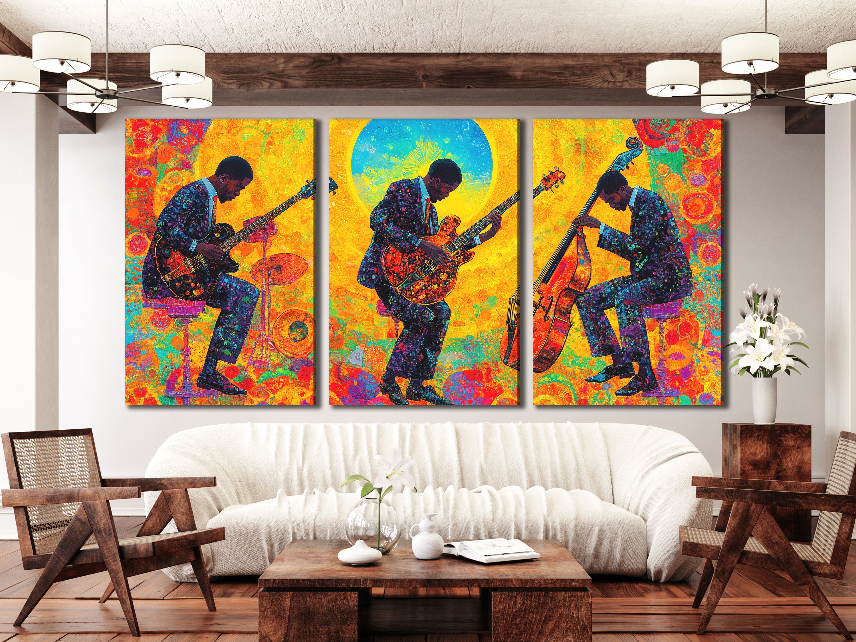 Canvasprint van drie jazzgitaar en bas – Kleurrijke jamsessie bij zonsopgang, levendige fusionmuziekdecoratie