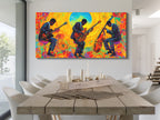Canvasprint van drie jazzgitaar en bas – Kleurrijke jamsessie bij zonsopgang, levendige fusionmuziekdecoratie