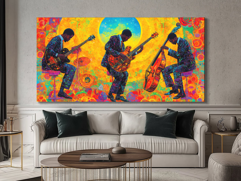 Canvasprint van drie jazzgitaar en bas – Kleurrijke jamsessie bij zonsopgang, levendige fusionmuziekdecoratie