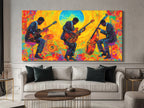 Canvasprint van drie jazzgitaar en bas – Kleurrijke jamsessie bij zonsopgang, levendige fusionmuziekdecoratie