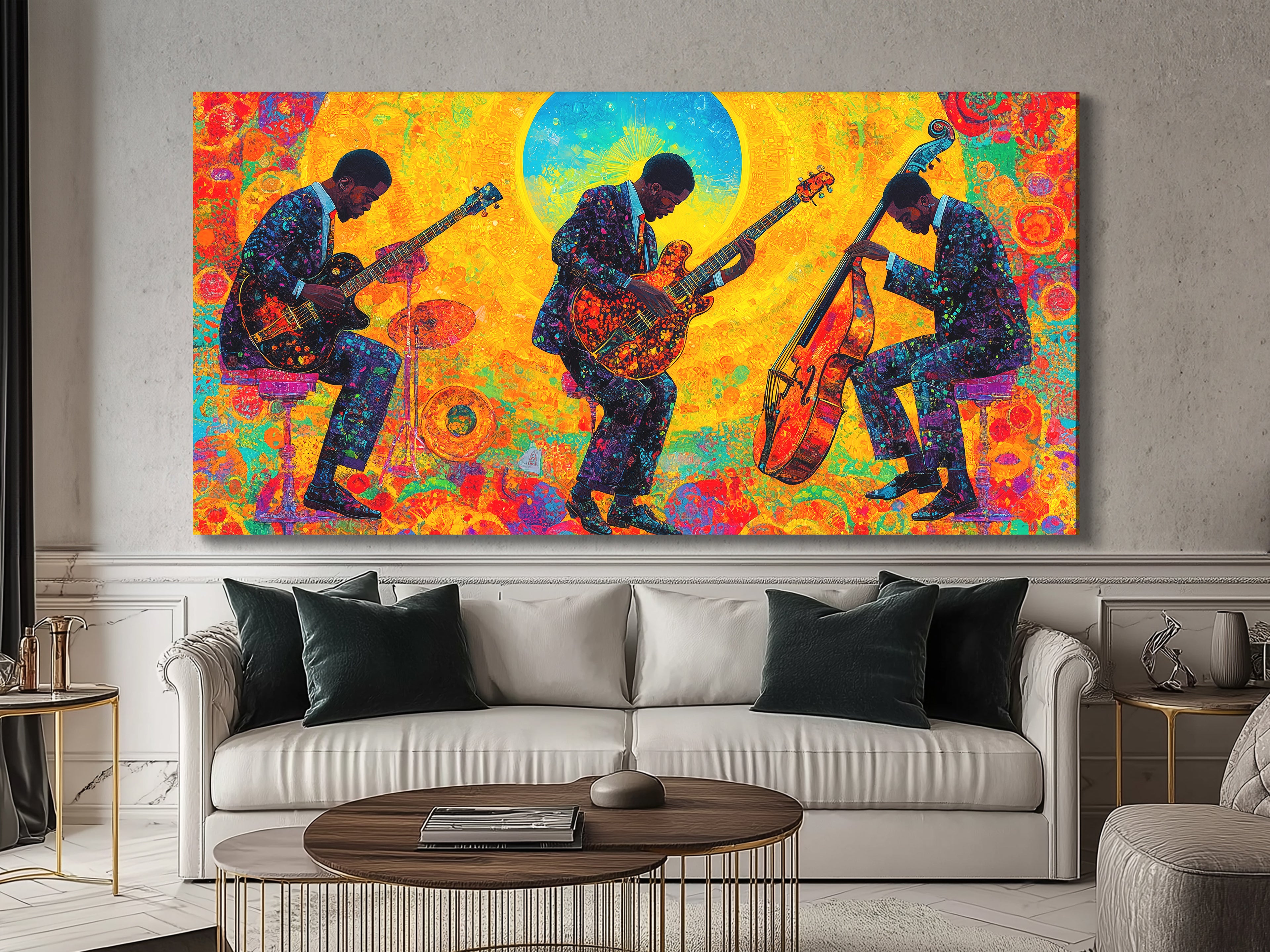Canvasprint van drie jazzgitaar en bas – Kleurrijke jamsessie bij zonsopgang, levendige fusionmuziekdecoratie
