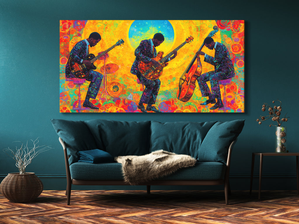 Canvasprint van drie jazzgitaar en bas – Kleurrijke jamsessie bij zonsopgang, levendige fusionmuziekdecoratie