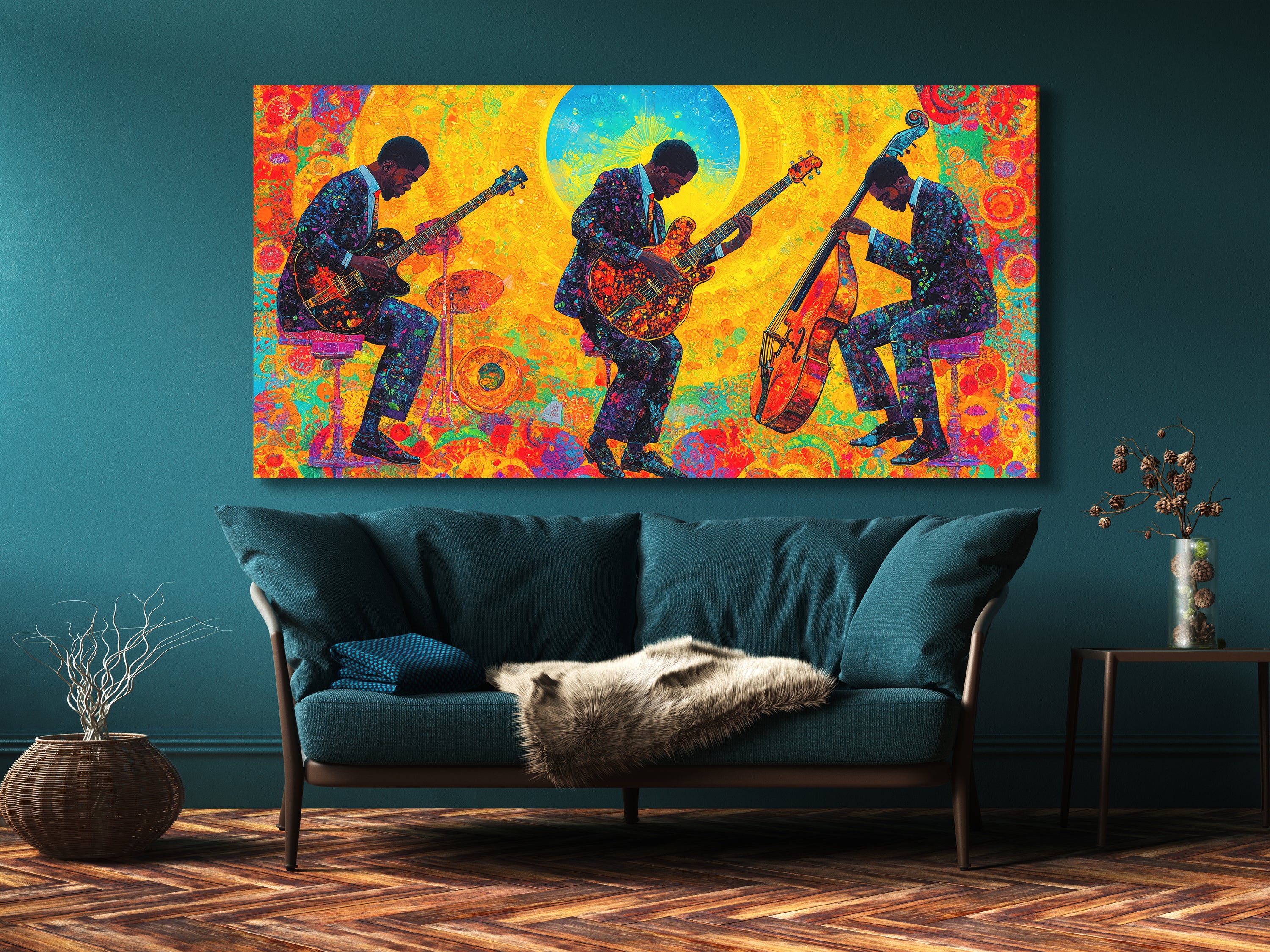 Canvasprint van drie jazzgitaar en bas – Kleurrijke jamsessie bij zonsopgang, levendige fusionmuziekdecoratie
