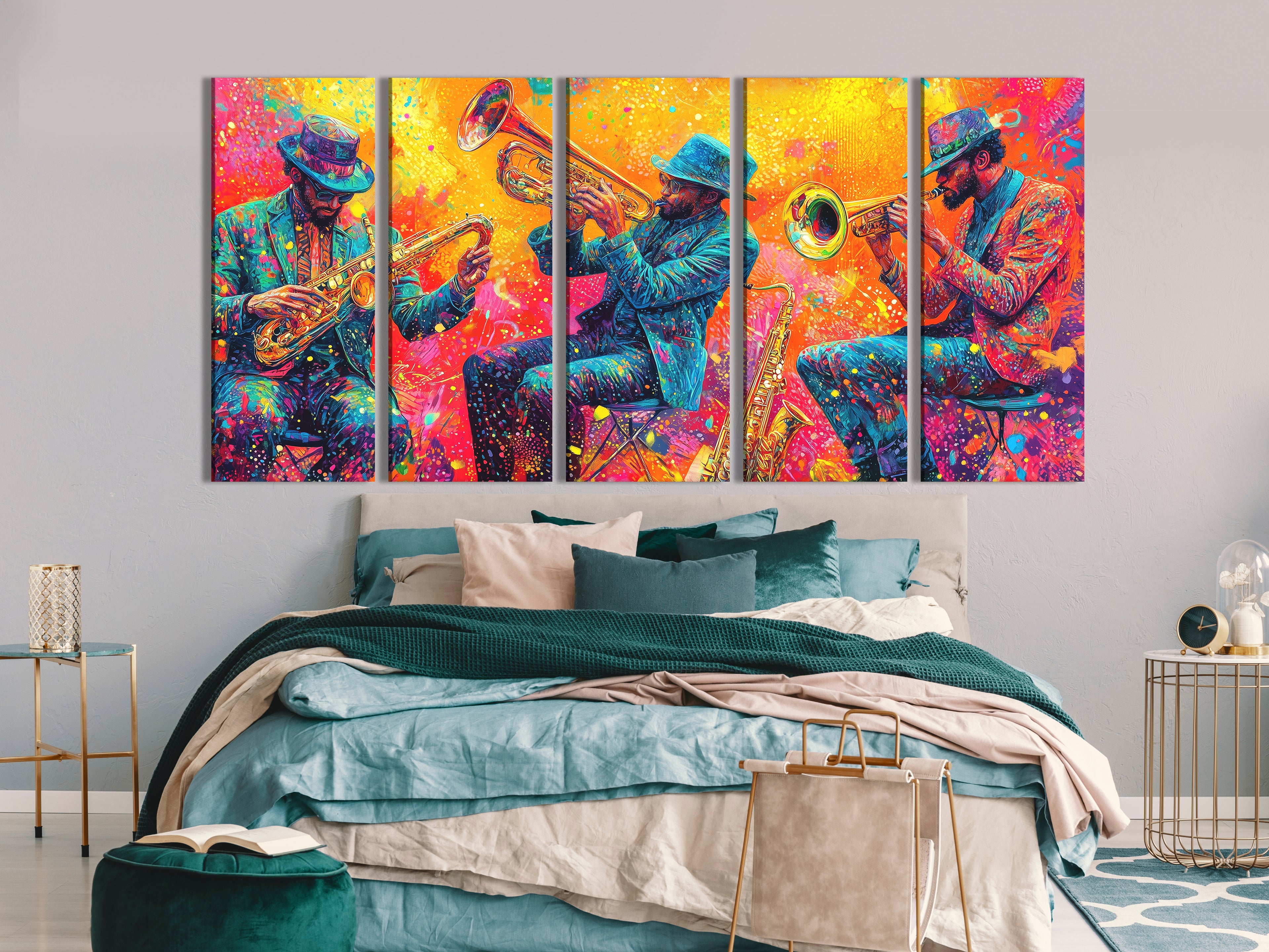 Levendig koperen trio canvas print - Explosieve hoornspelers kunstwerk, Jazz-Funk festival decor