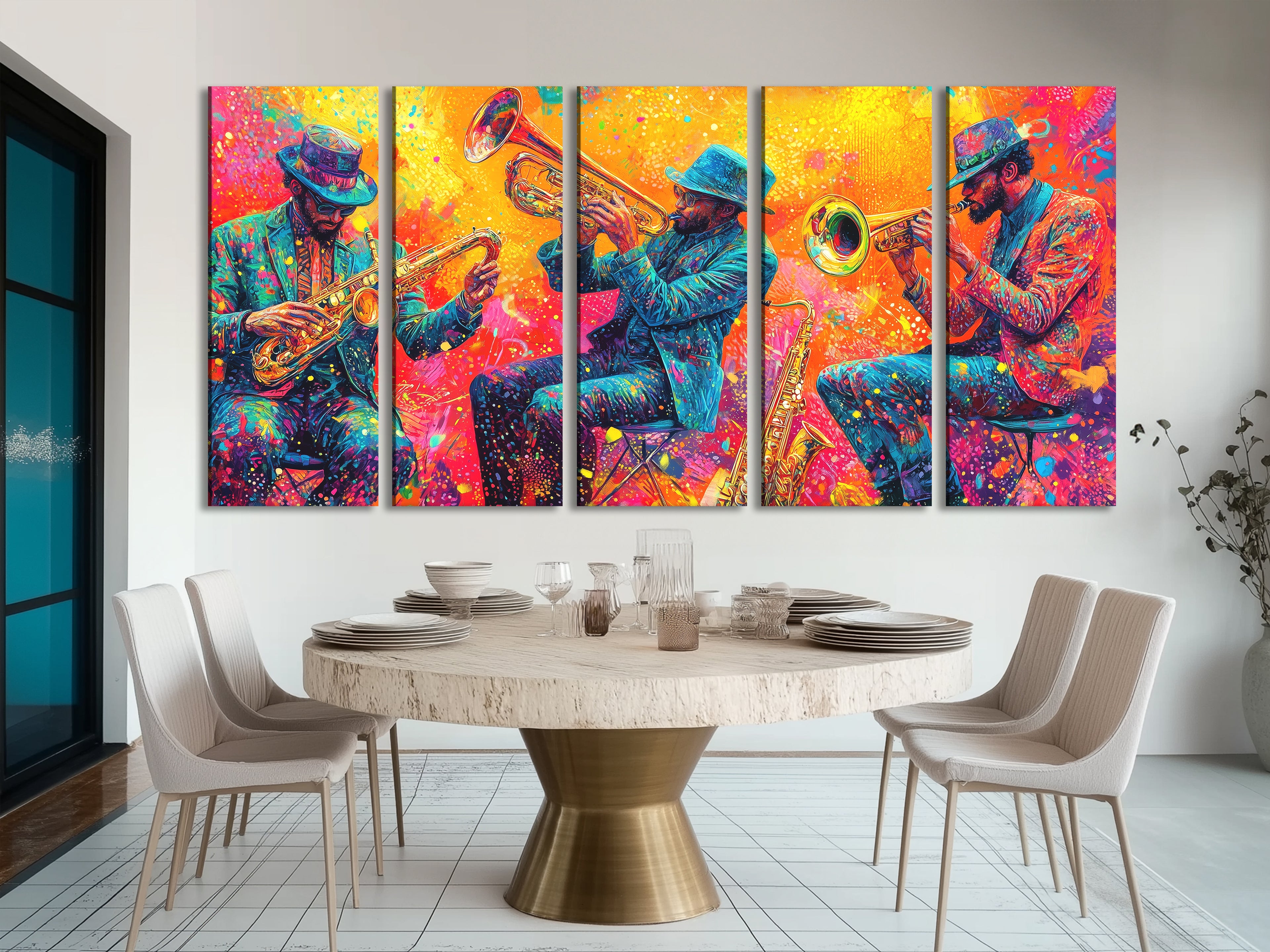 Levendig koperen trio canvas print - Explosieve hoornspelers kunstwerk, Jazz-Funk festival decor