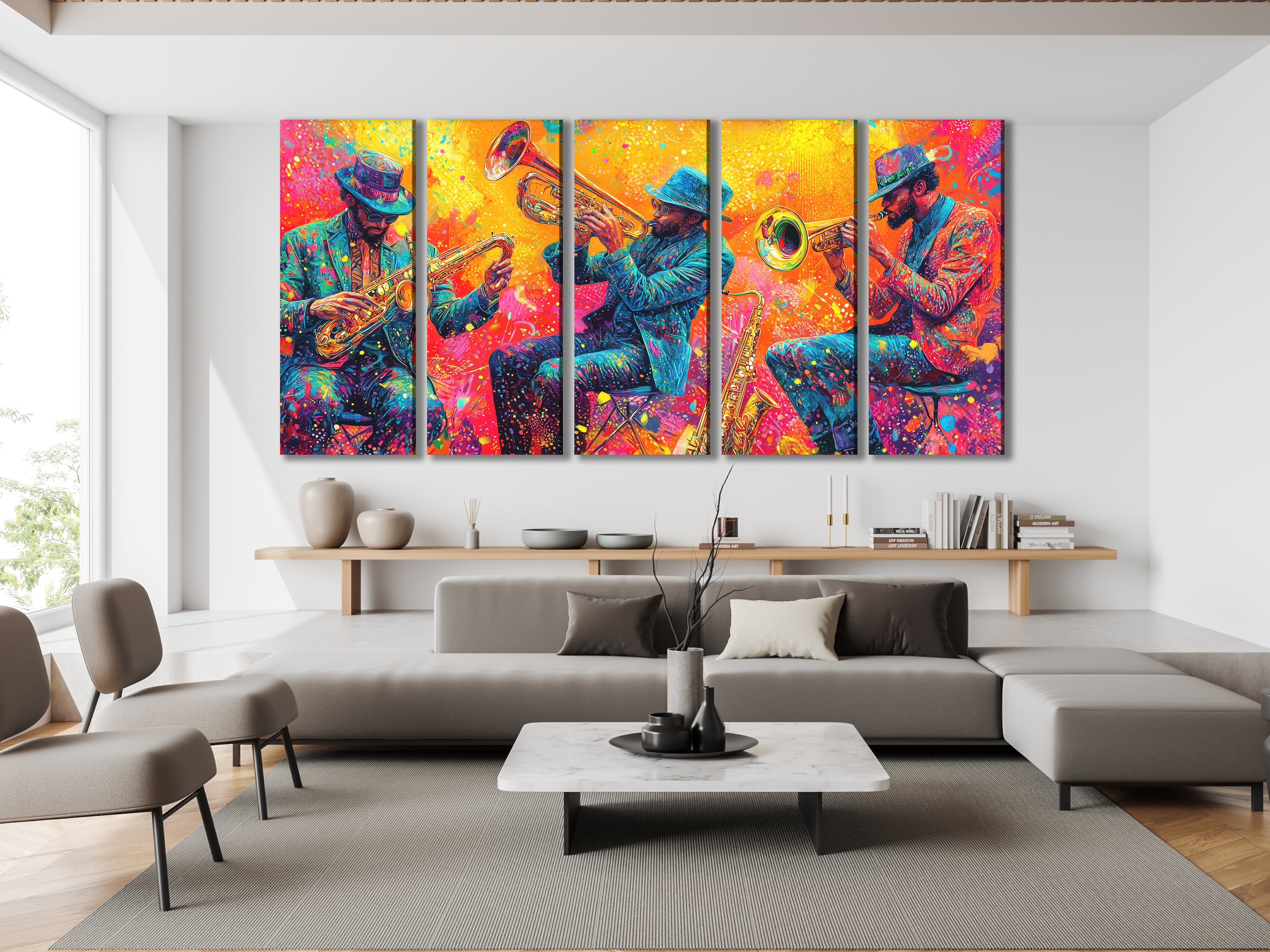 Levendig koperen trio canvas print - Explosieve hoornspelers kunstwerk, Jazz-Funk festival decor