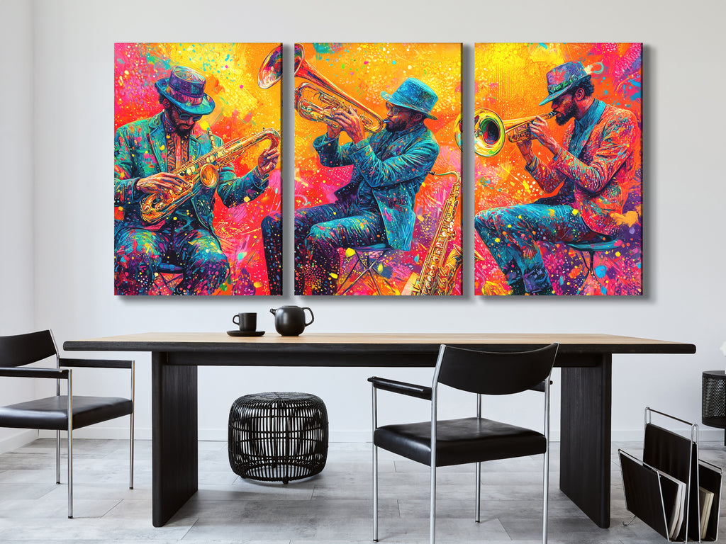 Levendig koperen trio canvas print - Explosieve hoornspelers kunstwerk, Jazz-Funk festival decor