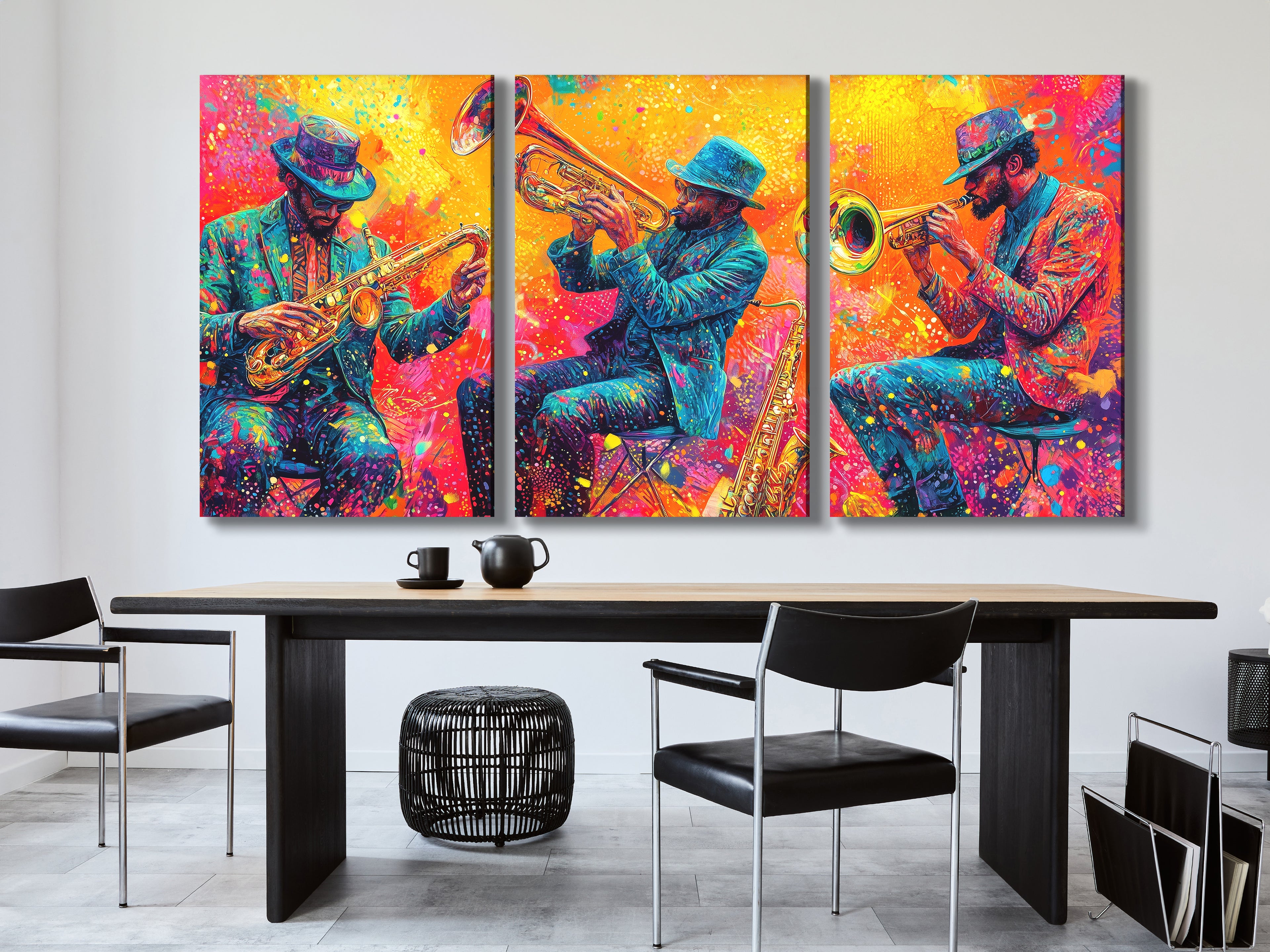Levendig koperen trio canvas print - Explosieve hoornspelers kunstwerk, Jazz-Funk festival decor