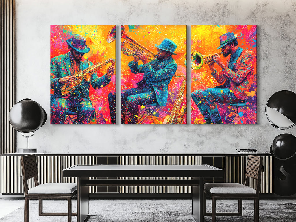 Levendig koperen trio canvas print - Explosieve hoornspelers kunstwerk, Jazz-Funk festival decor