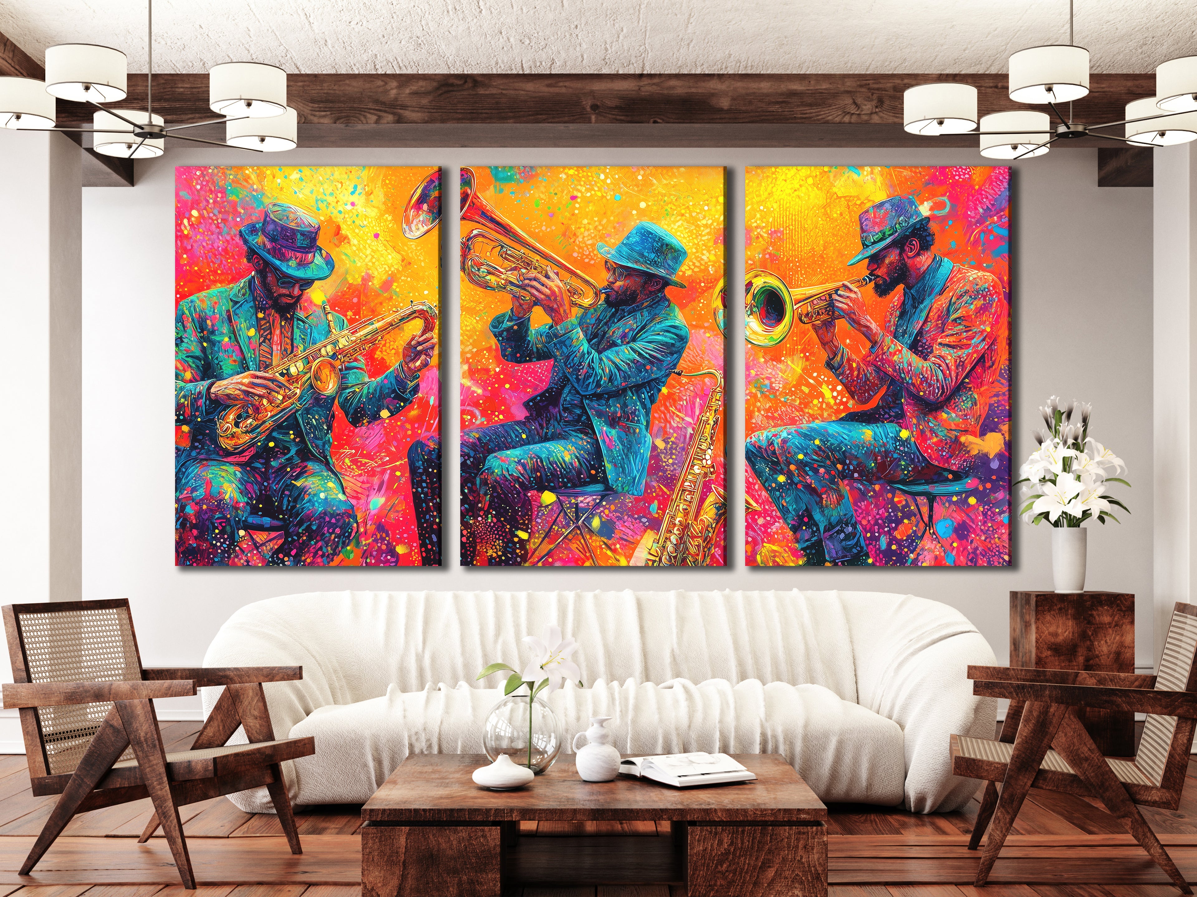Levendig koperen trio canvas print - Explosieve hoornspelers kunstwerk, Jazz-Funk festival decor