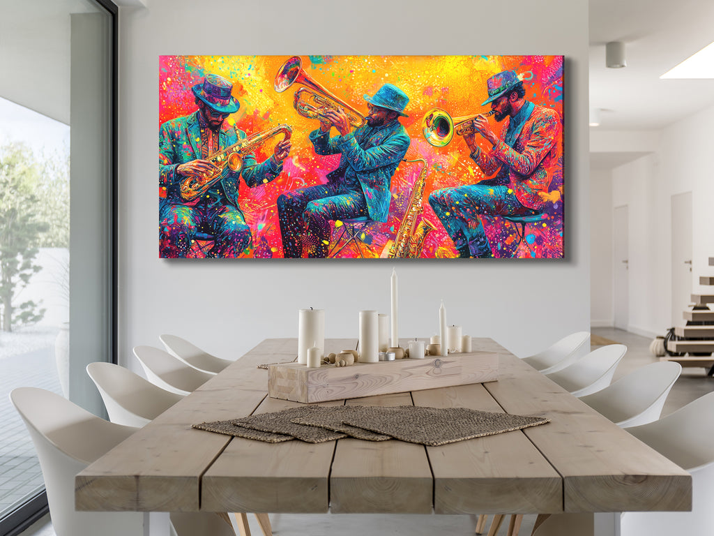 Levendig koperen trio canvas print - Explosieve hoornspelers kunstwerk, Jazz-Funk festival decor