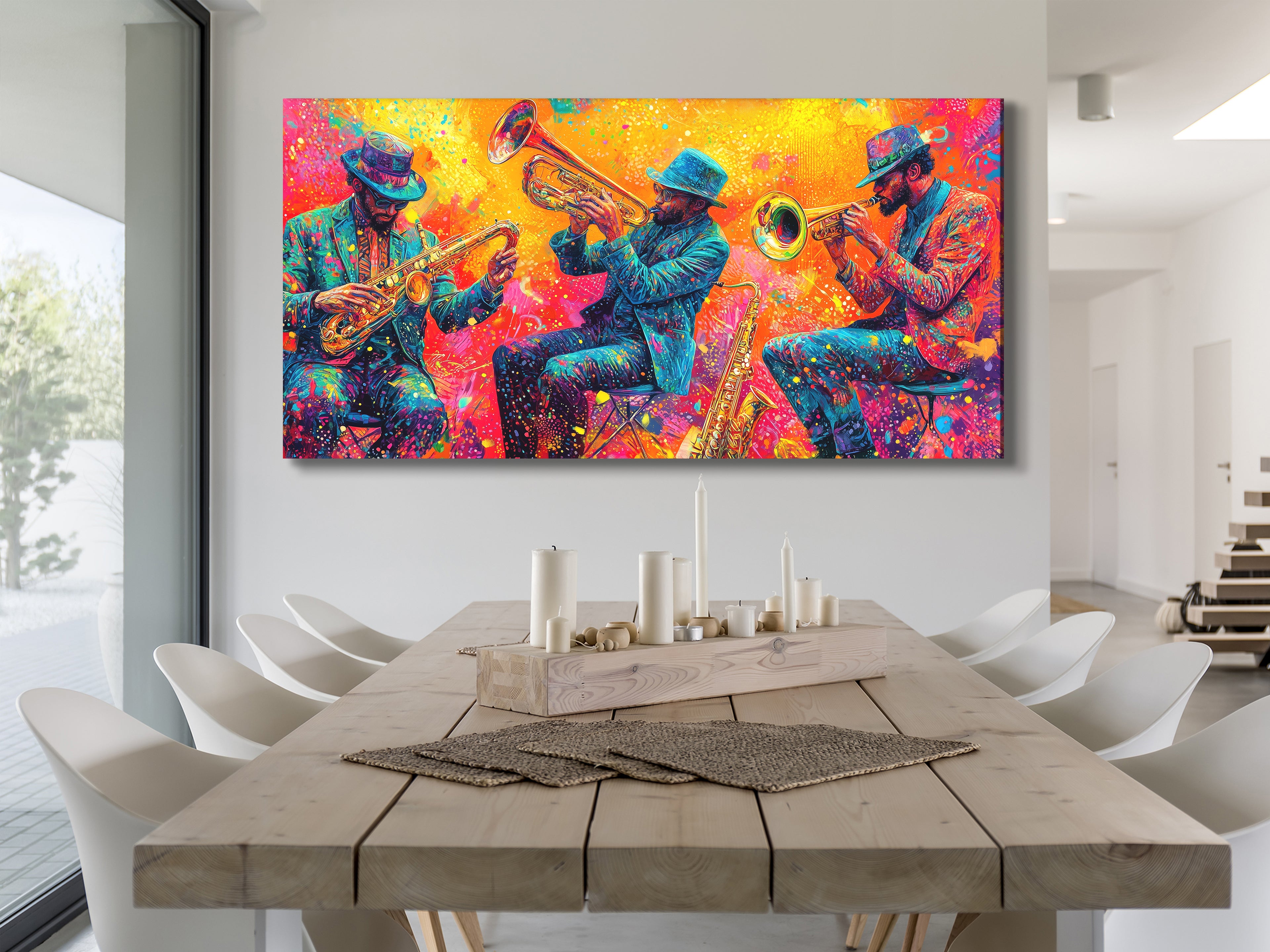 Levendig koperen trio canvas print - Explosieve hoornspelers kunstwerk, Jazz-Funk festival decor