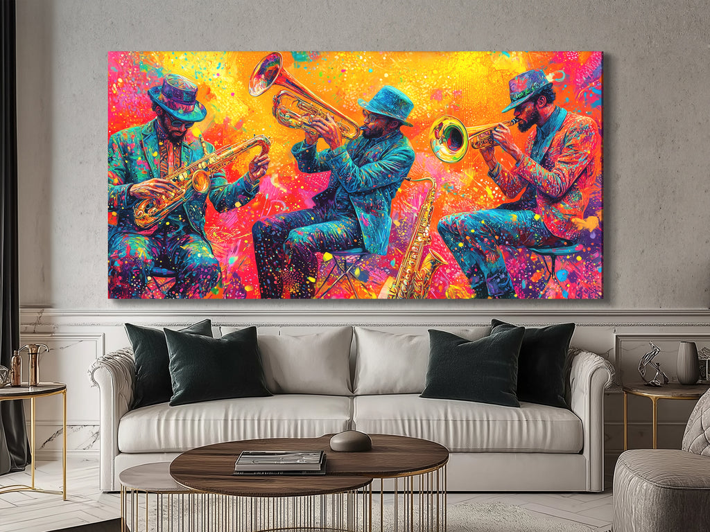 Levendig koperen trio canvas print - Explosieve hoornspelers kunstwerk, Jazz-Funk festival decor