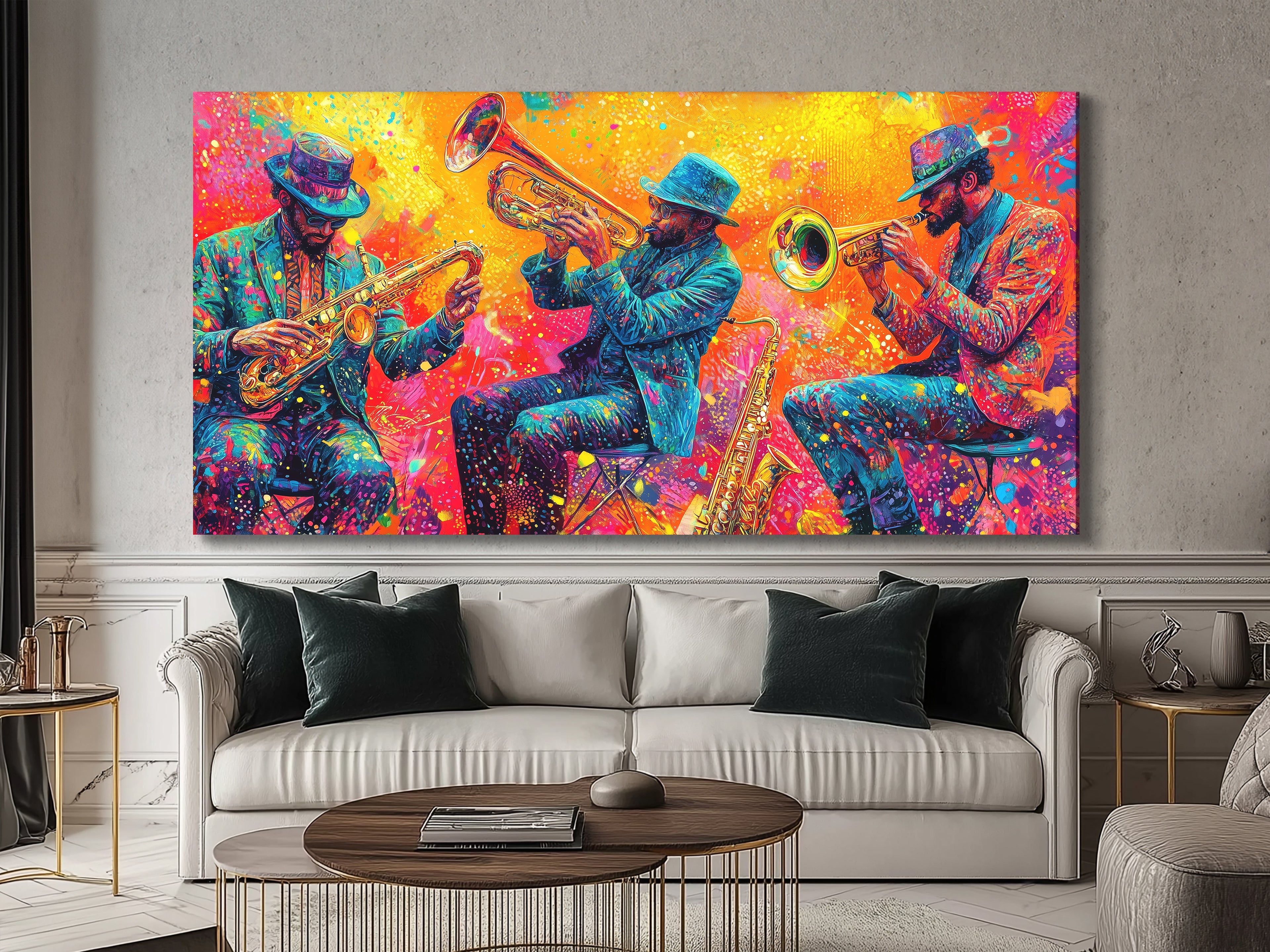 Levendig koperen trio canvas print - Explosieve hoornspelers kunstwerk, Jazz-Funk festival decor