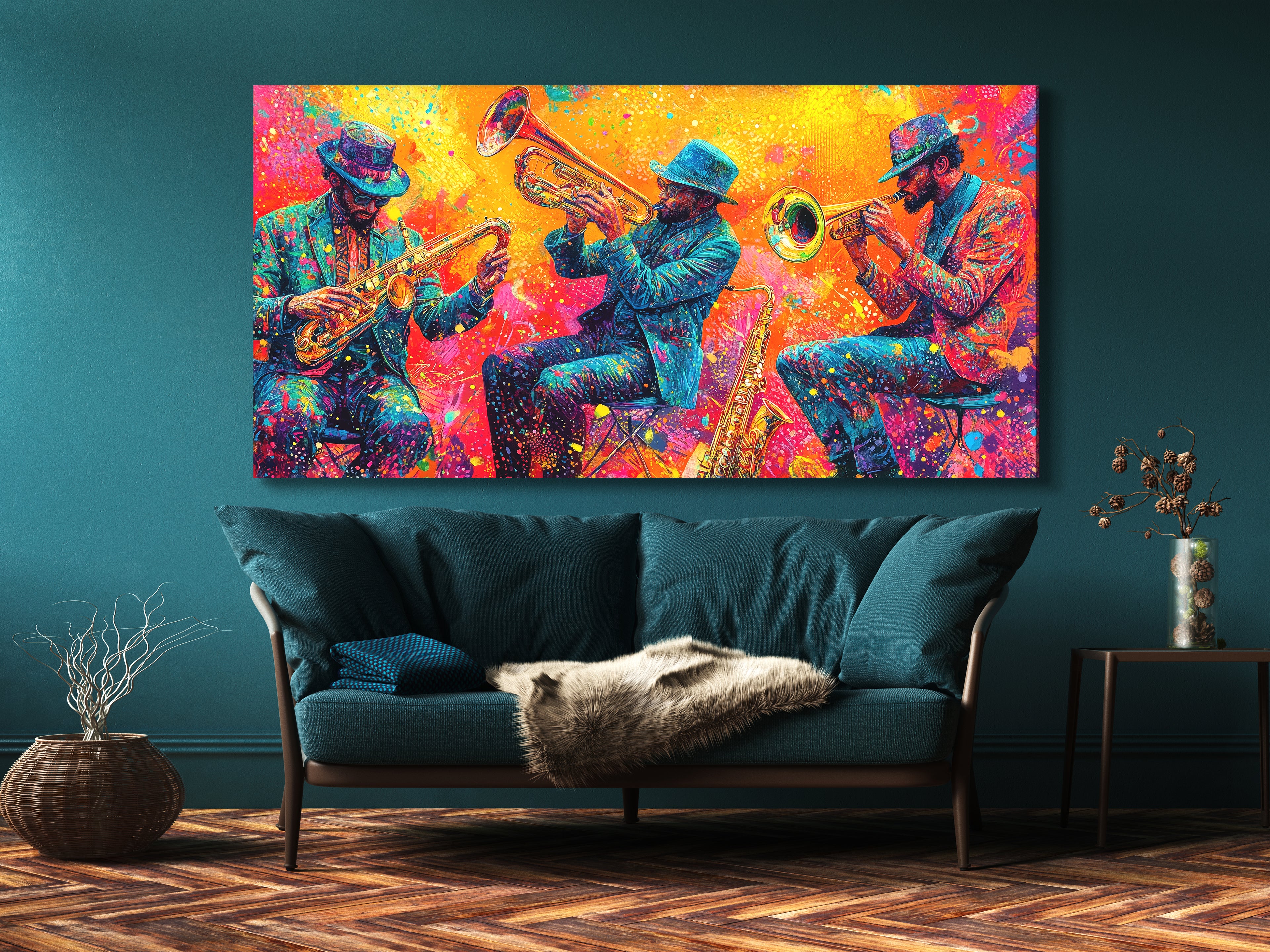 Levendig koperen trio canvas print - Explosieve hoornspelers kunstwerk, Jazz-Funk festival decor
