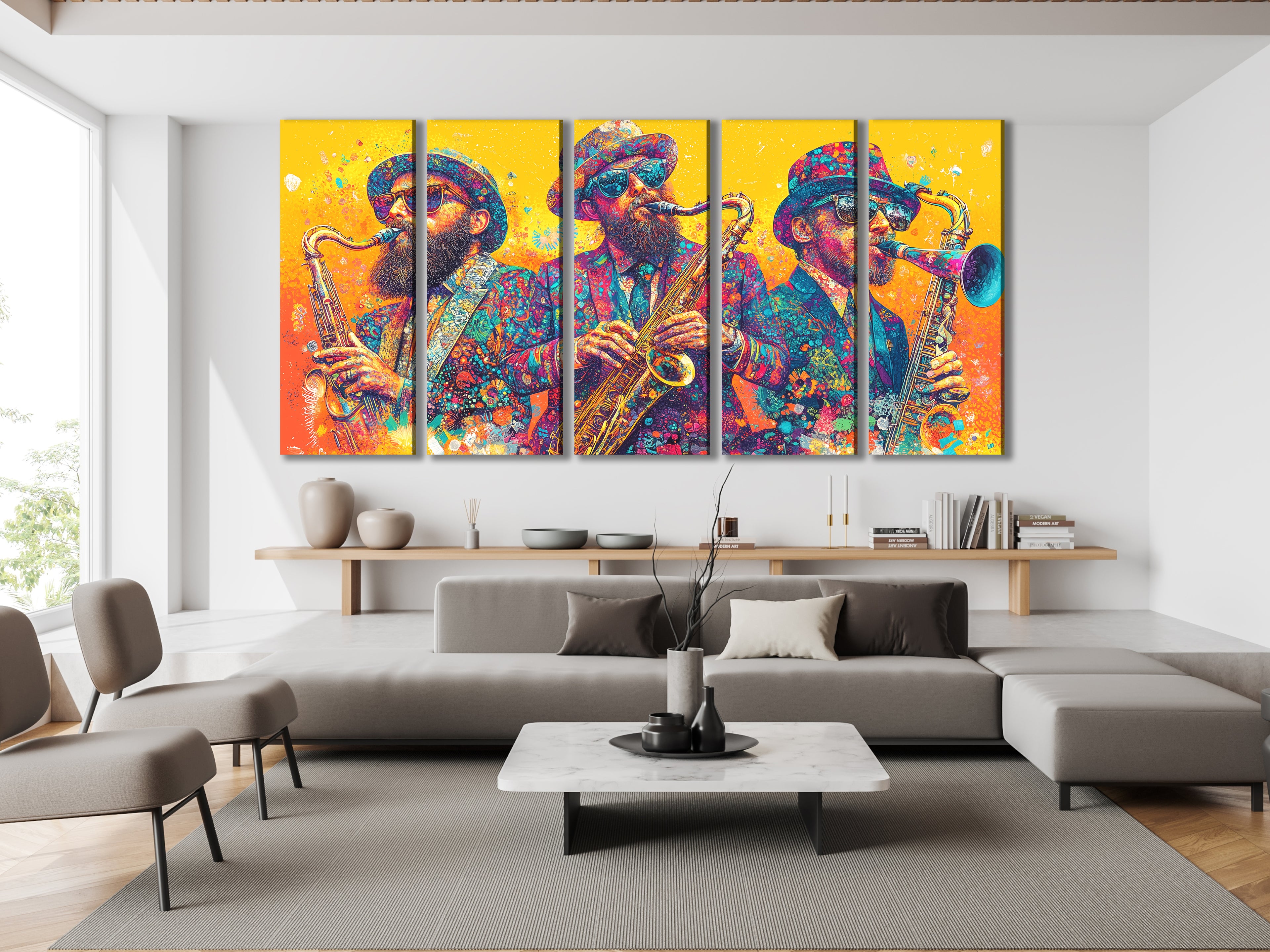 Kleurrijk Sax Trio Canvas Print – Feestelijk kunstwerk van saxofoonspelers, levendige jazzmuziekdecoratie
