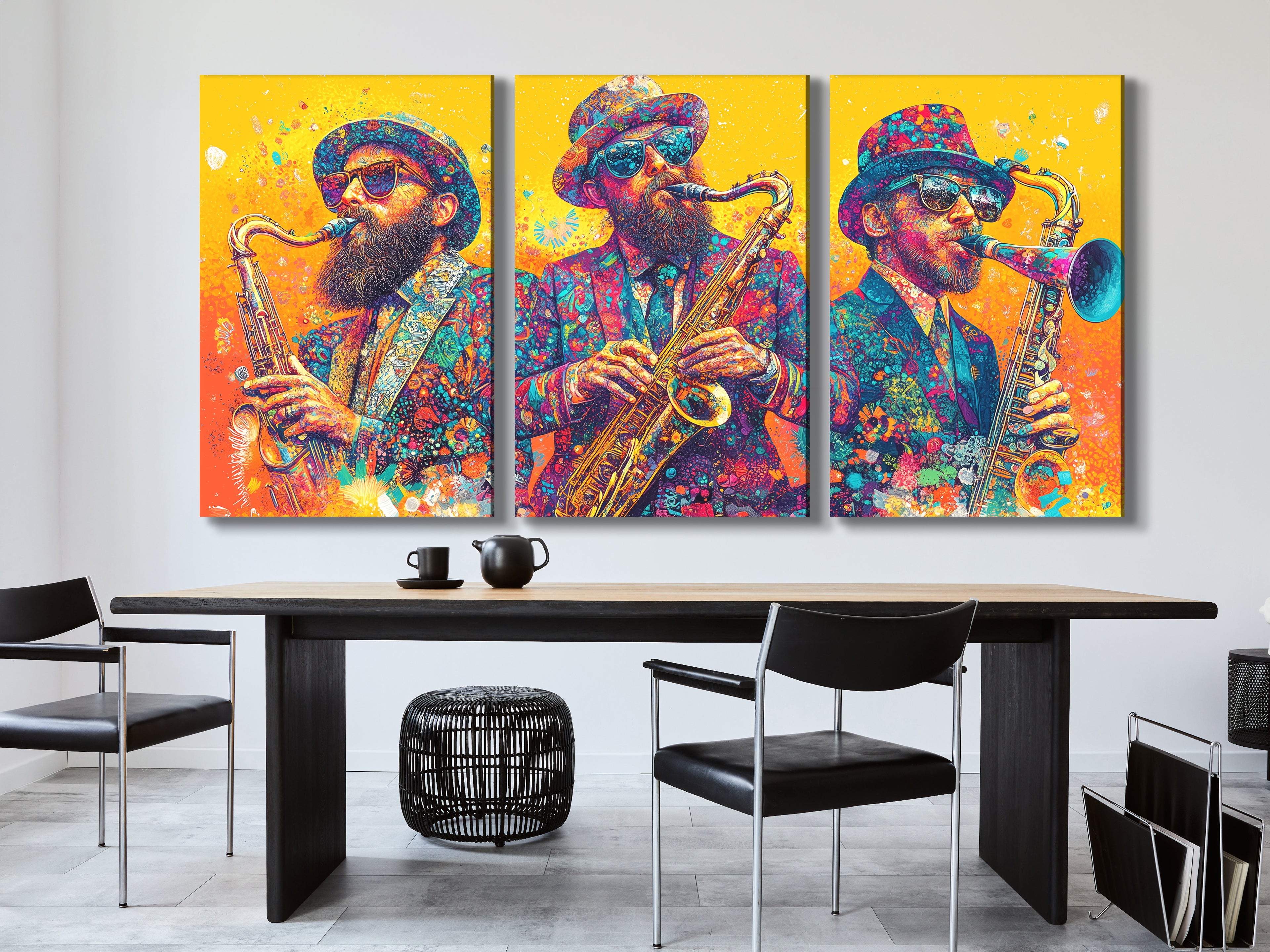 Kleurrijk Sax Trio Canvas Print – Feestelijk kunstwerk van saxofoonspelers, levendige jazzmuziekdecoratie