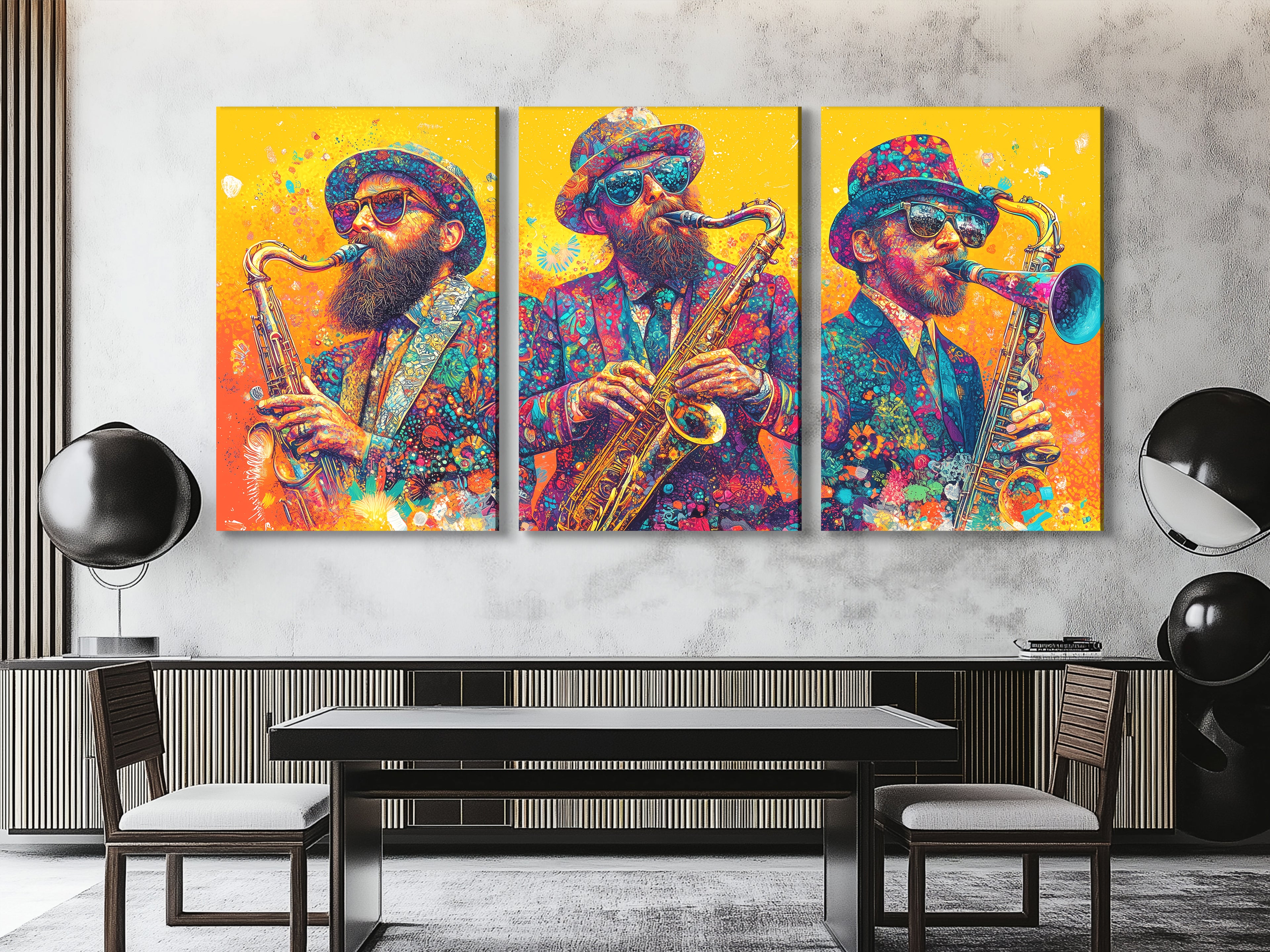 Kleurrijk Sax Trio Canvas Print – Feestelijk kunstwerk van saxofoonspelers, levendige jazzmuziekdecoratie