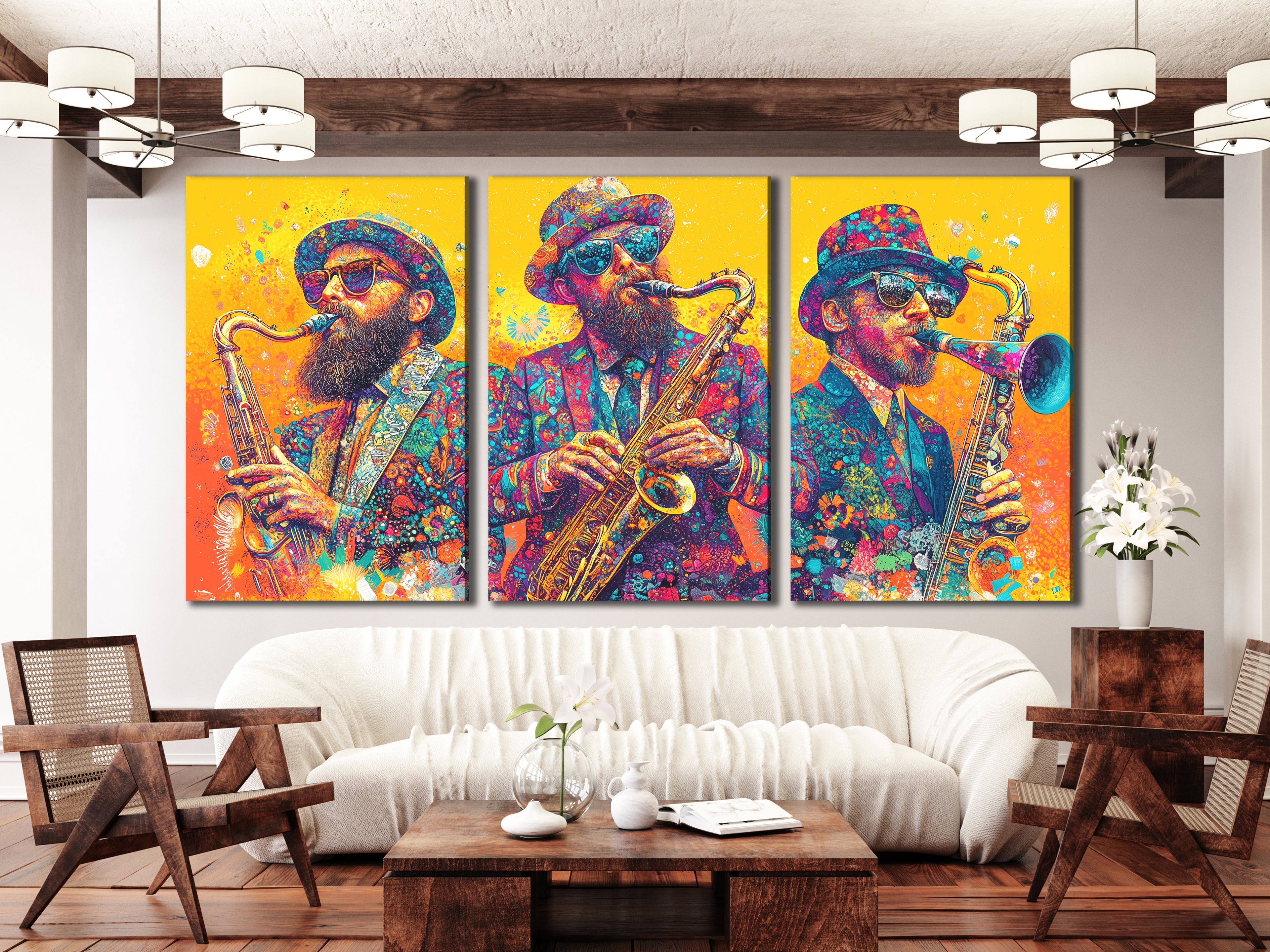 Kleurrijk Sax Trio Canvas Print – Feestelijk kunstwerk van saxofoonspelers, levendige jazzmuziekdecoratie
