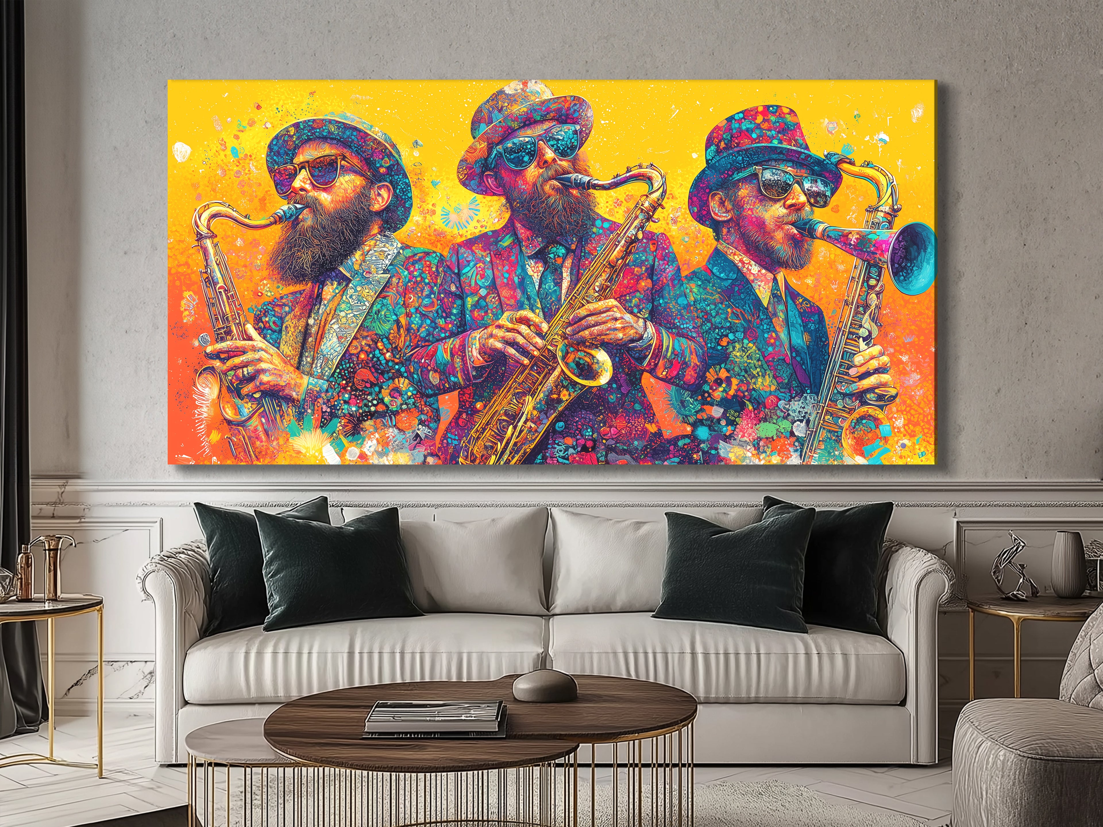 Kleurrijk Sax Trio Canvas Print – Feestelijk kunstwerk van saxofoonspelers, levendige jazzmuziekdecoratie