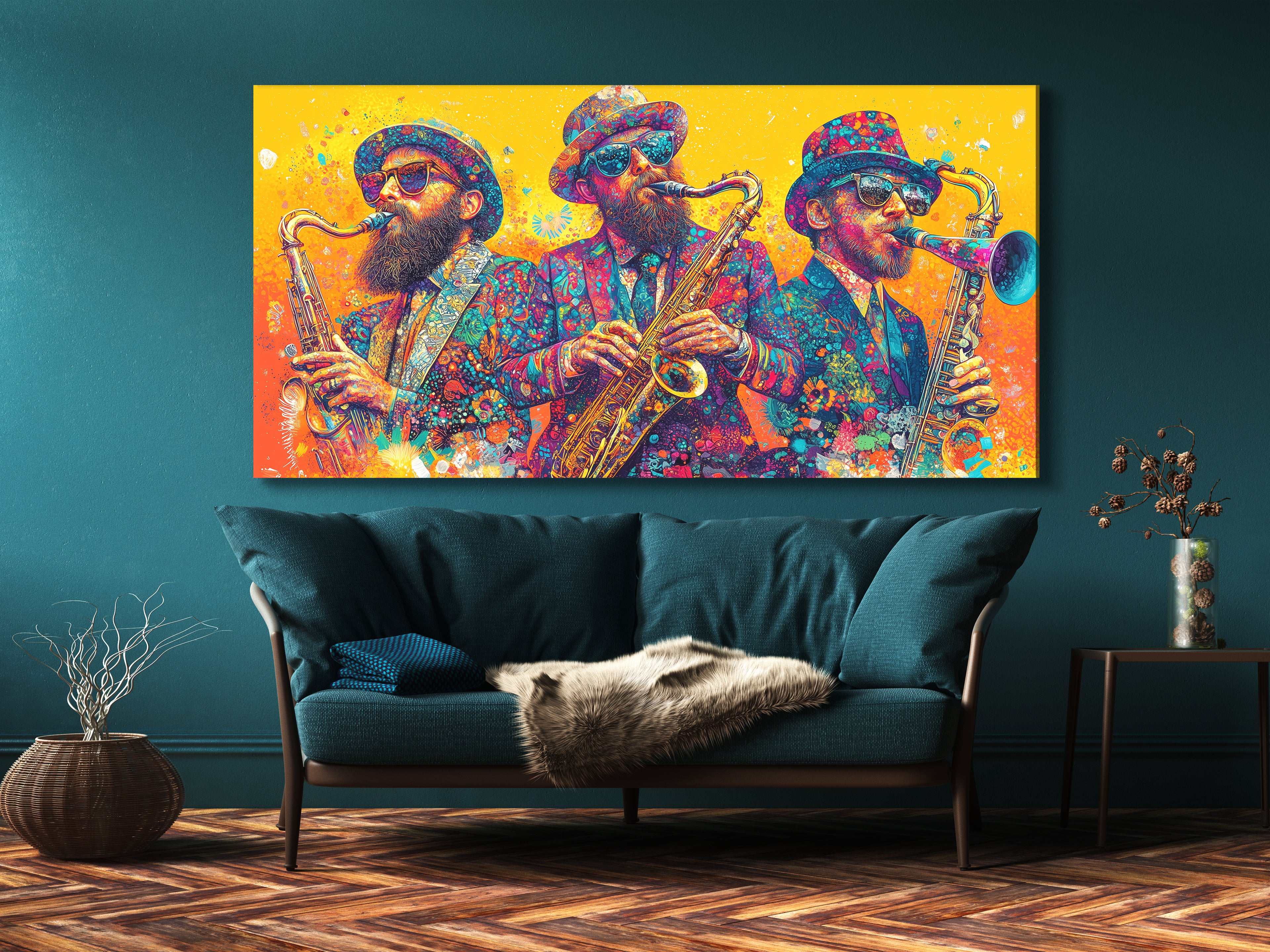 Kleurrijk Sax Trio Canvas Print – Feestelijk kunstwerk van saxofoonspelers, levendige jazzmuziekdecoratie