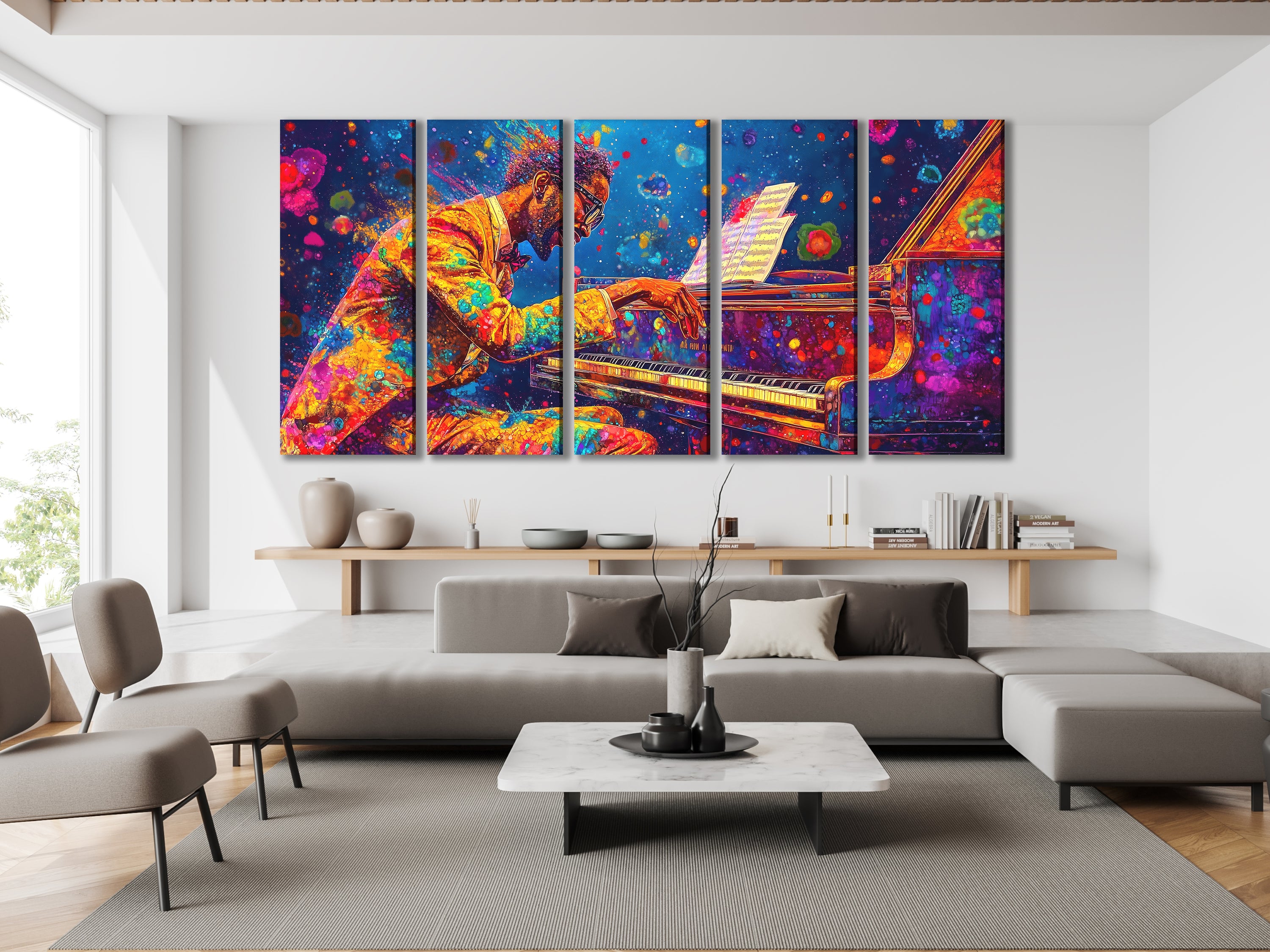 Impression sur toile de pianiste vibrant – Éclaboussure de couleurs audacieuses pour l'art du piano, décor jazz accrocheur