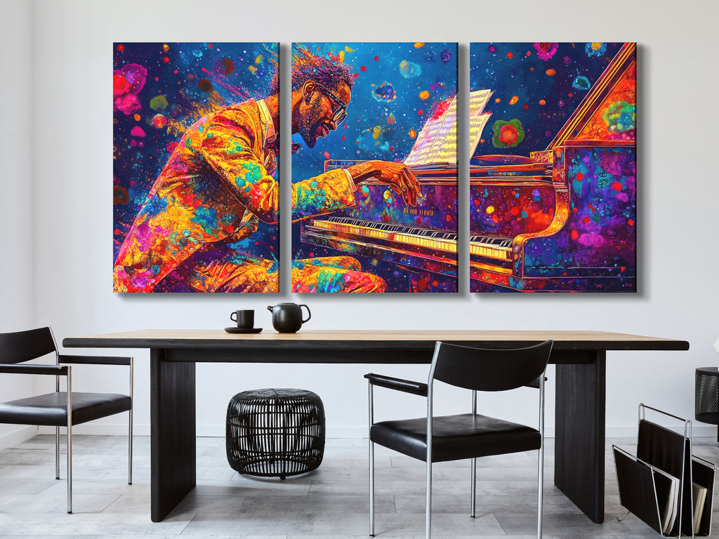 Levendige Pianist Canvas Print - Gedurfde Kleurspat Pianokunst, Opvallende Jazzmuziekdecoratie