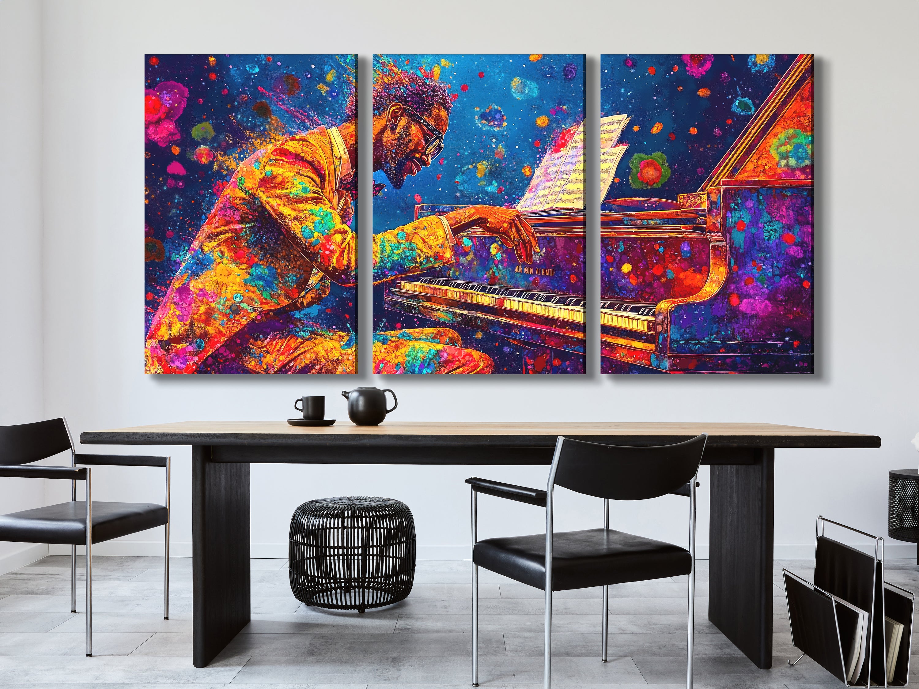 Impression sur toile de pianiste vibrant – Éclaboussure de couleurs audacieuses pour l'art du piano, décor jazz accrocheur