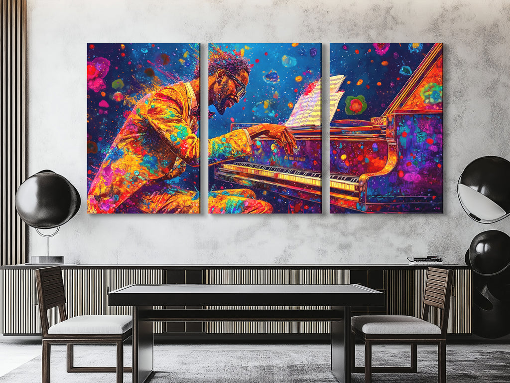 Levendige Pianist Canvas Print - Gedurfde Kleurspat Pianokunst, Opvallende Jazzmuziekdecoratie