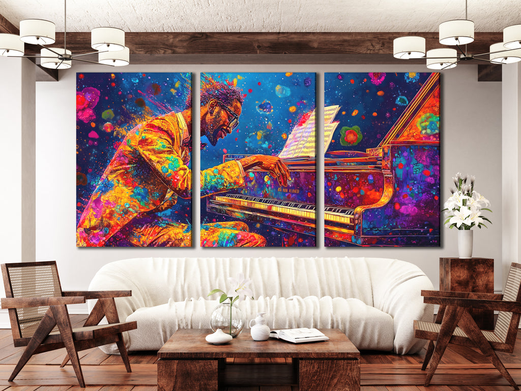 Levendige Pianist Canvas Print - Gedurfde Kleurspat Pianokunst, Opvallende Jazzmuziekdecoratie