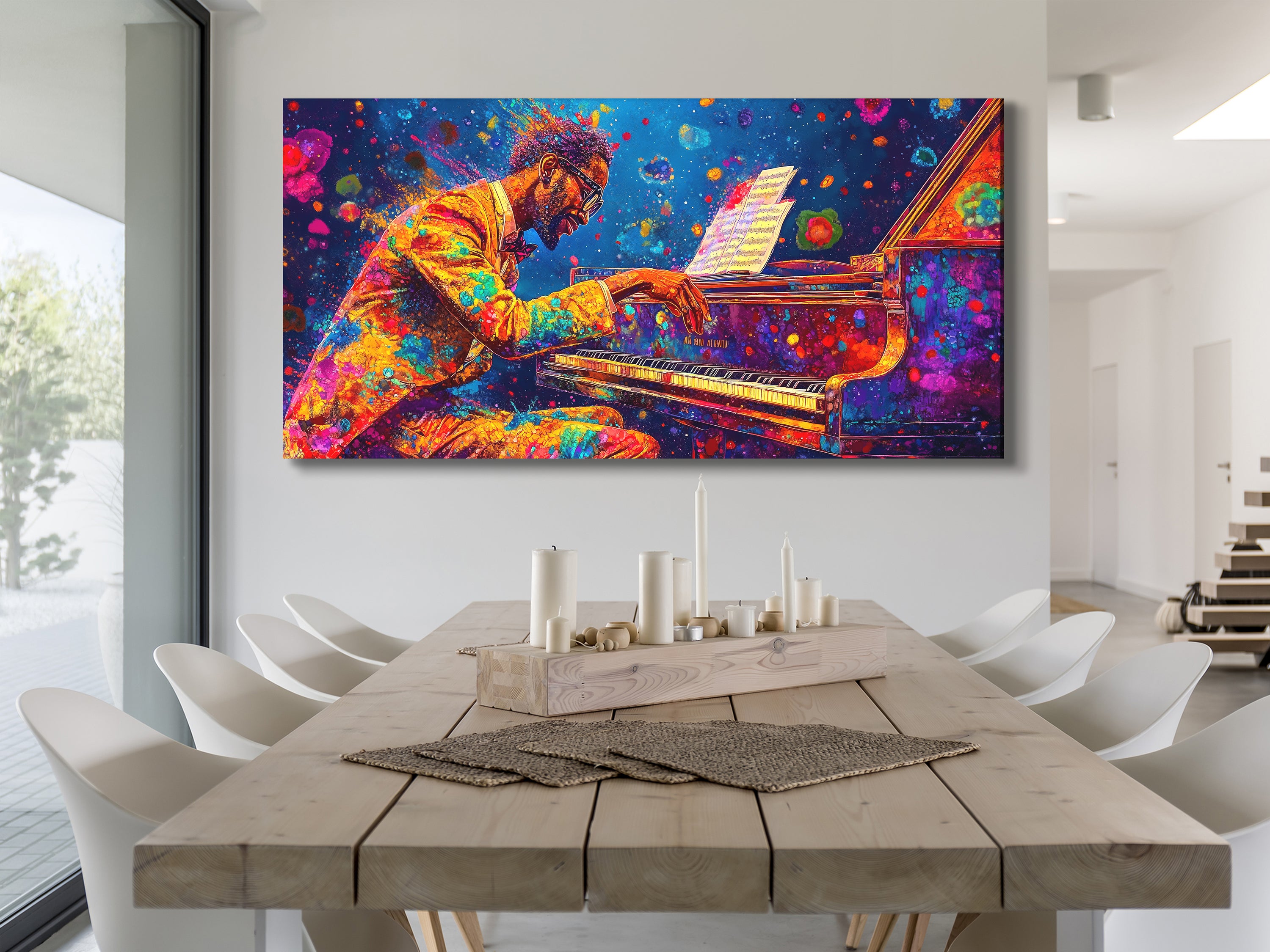 Impression sur toile de pianiste vibrant – Éclaboussure de couleurs audacieuses pour l'art du piano, décor jazz accrocheur