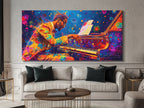Levendige Pianist Canvas Print - Gedurfde Kleurspat Pianokunst, Opvallende Jazzmuziekdecoratie
