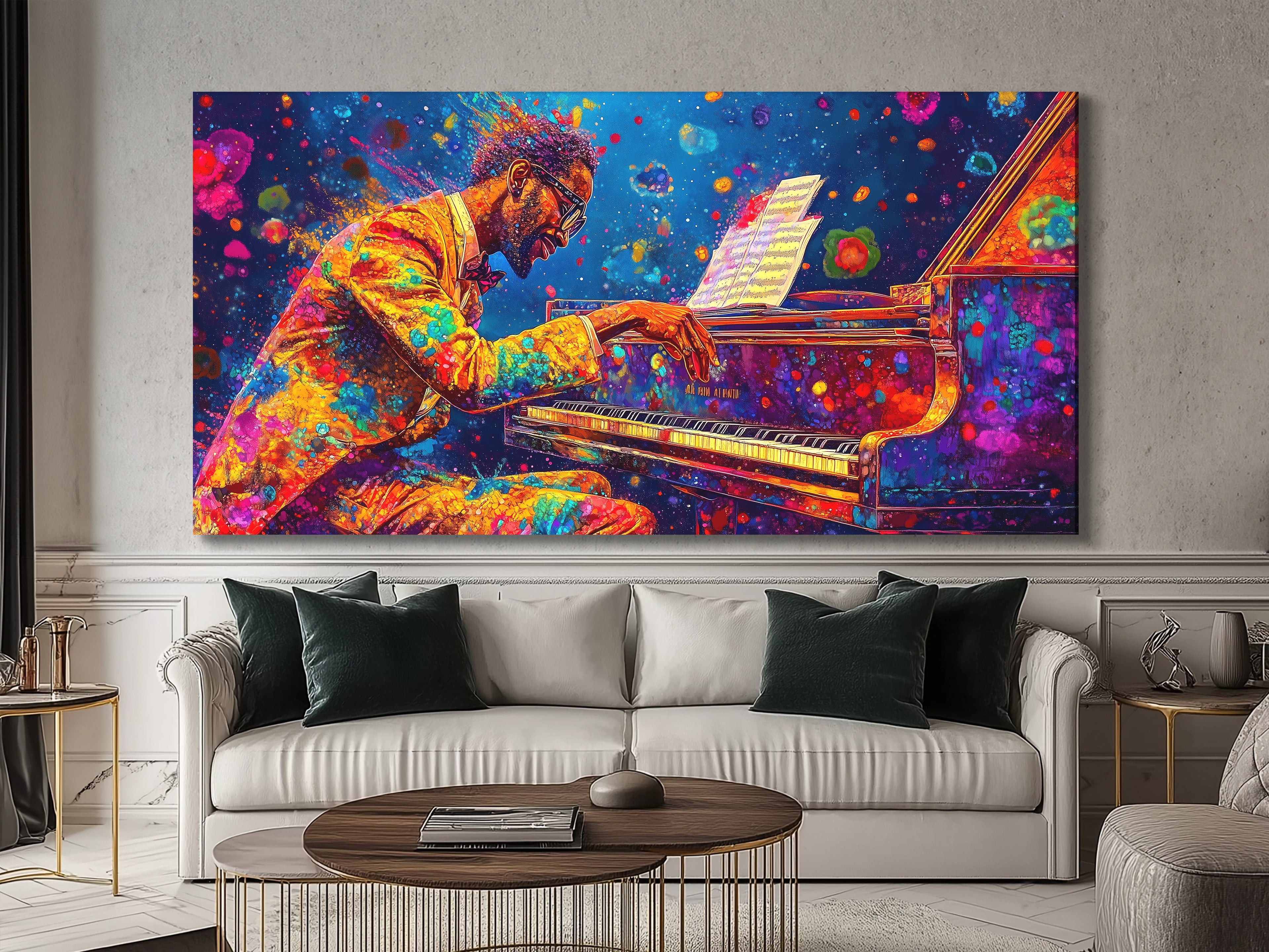 Levendige Pianist Canvas Print - Gedurfde Kleurspat Pianokunst, Opvallende Jazzmuziekdecoratie