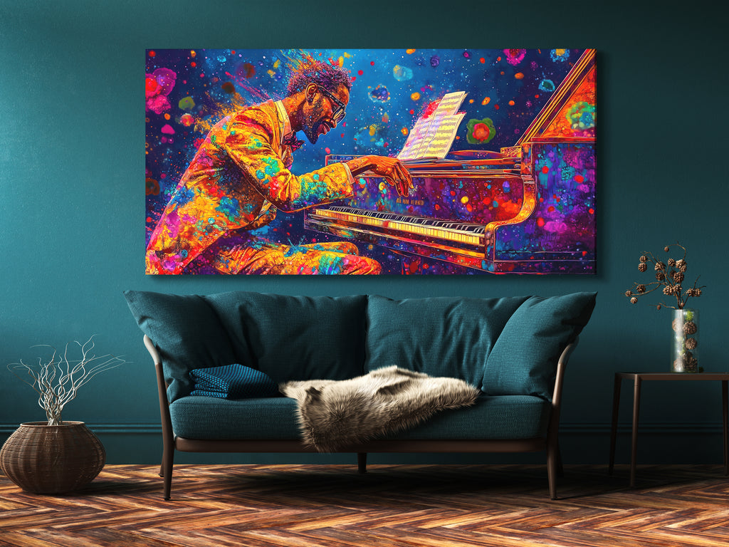 Levendige Pianist Canvas Print - Gedurfde Kleurspat Pianokunst, Opvallende Jazzmuziekdecoratie