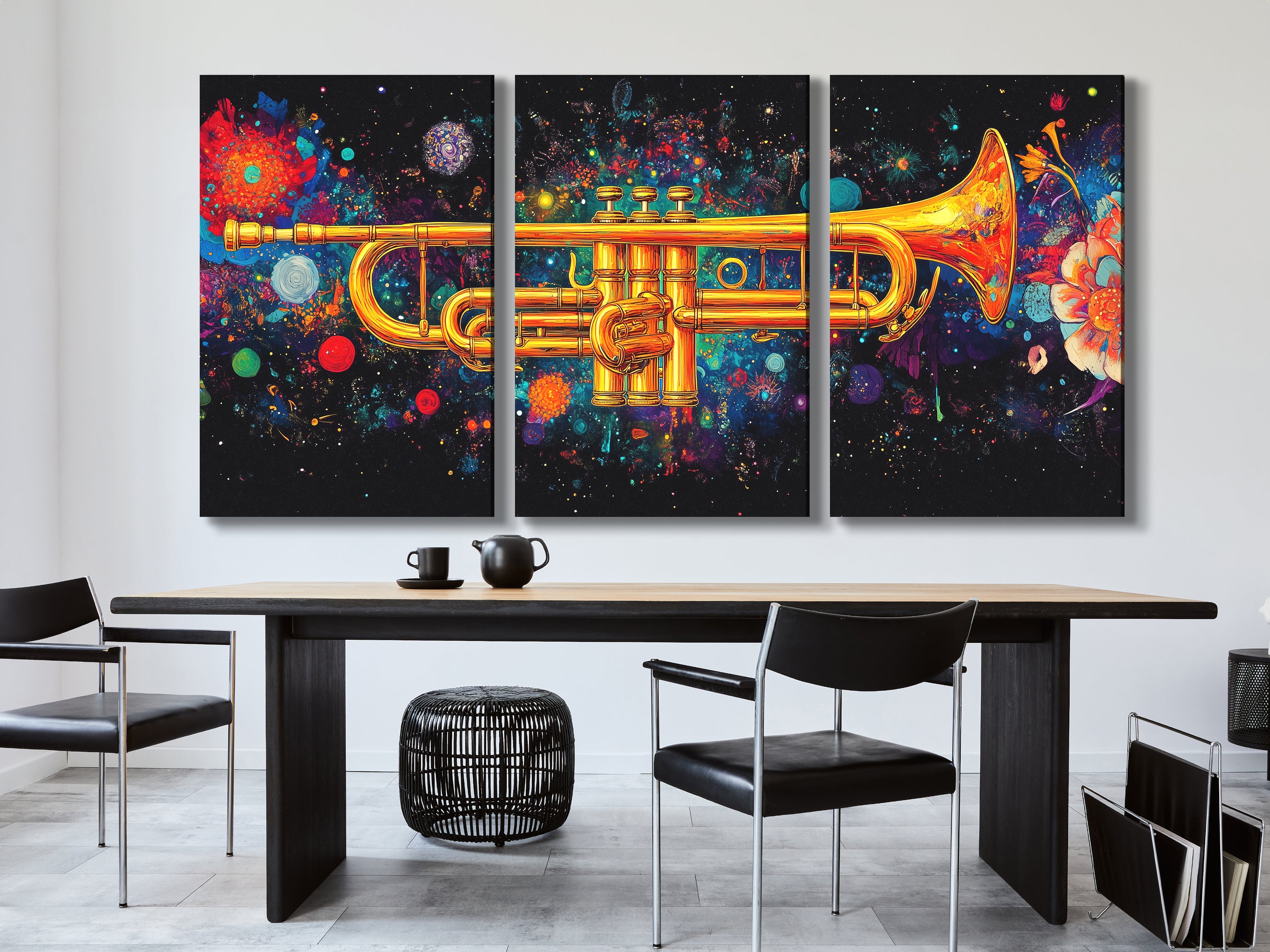 Galactic trumpet multi-panel wall art with vibrant cosmic colors above a dining table in a modern setting