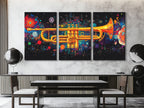Galactic trumpet canvas print with vibrant cosmic colors, multi-panel, above a dining table in a modern setting