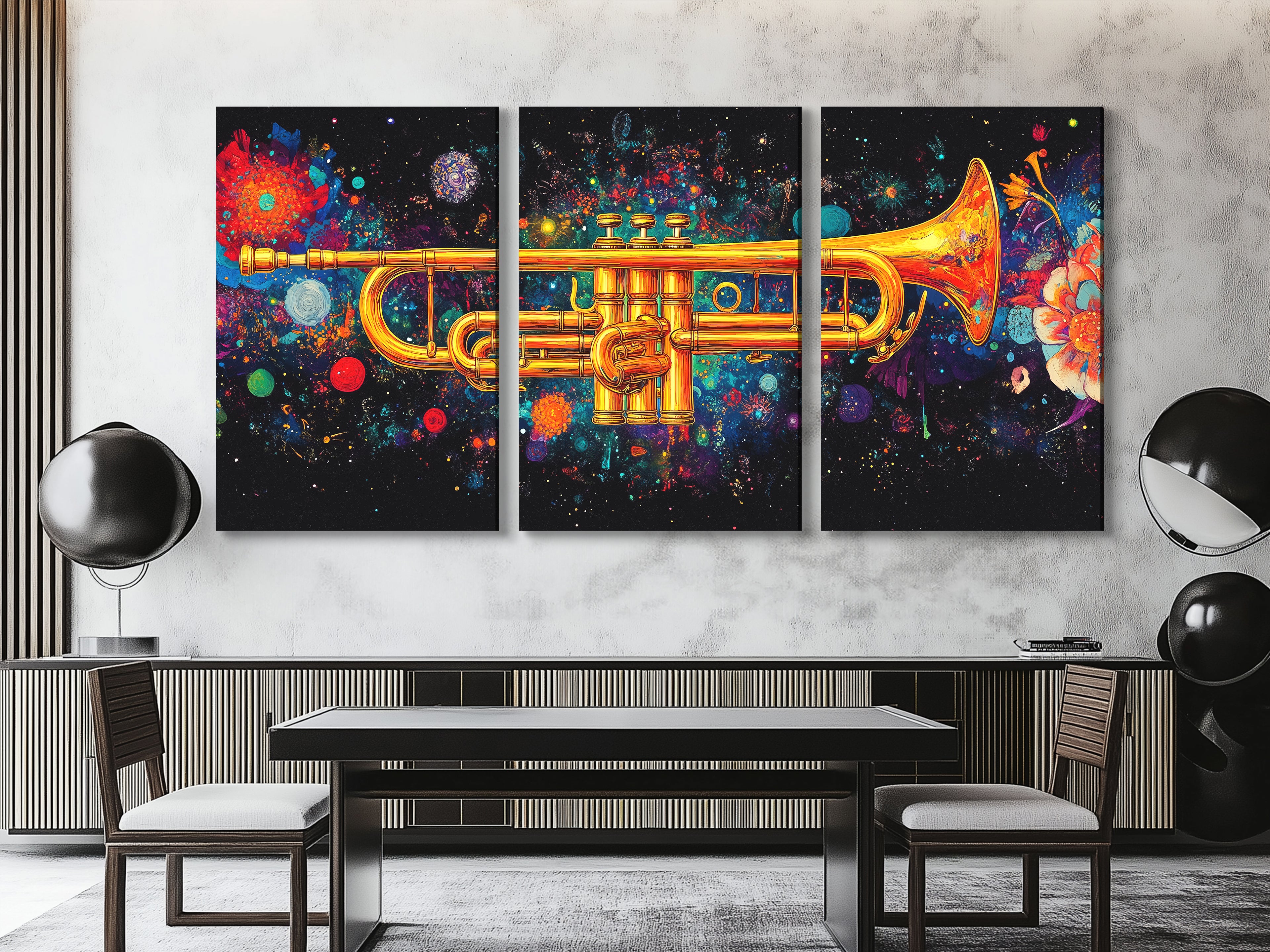 Galactic trumpet canvas print with vibrant cosmic colors, multi-panel, above a dining table in a modern setting