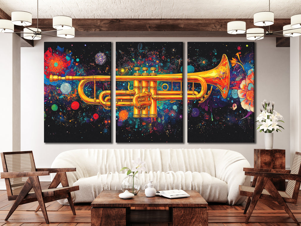 Galactic trumpet canvas print with vibrant cosmic colors, multi-panel, above a sofa in a modern living room