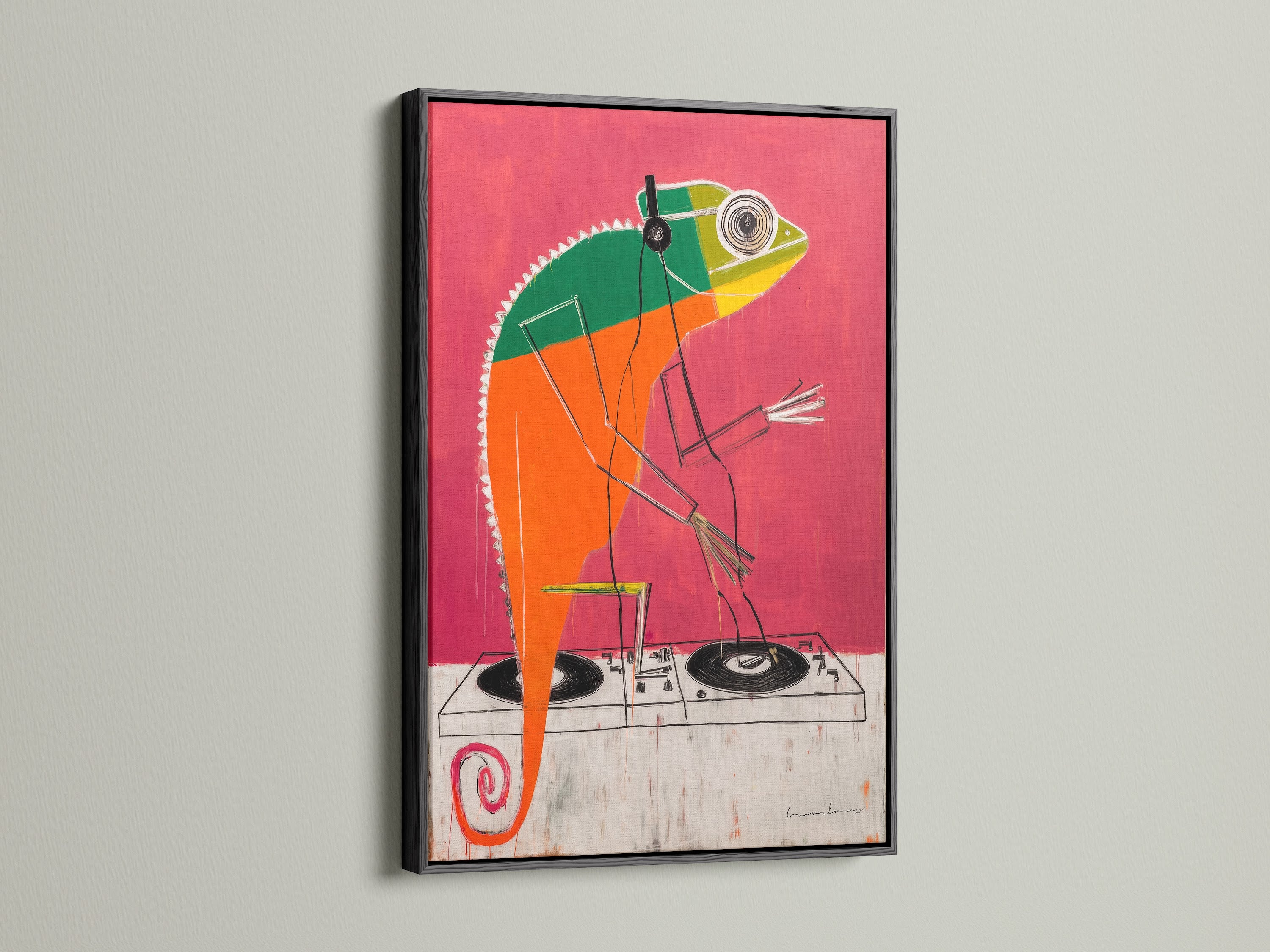 DJ Chameleon art print in a sleek black frame. This colorful animal wall art is a standout piece. It enhances any music room decor. The vibrant artwork adds personality to any space.